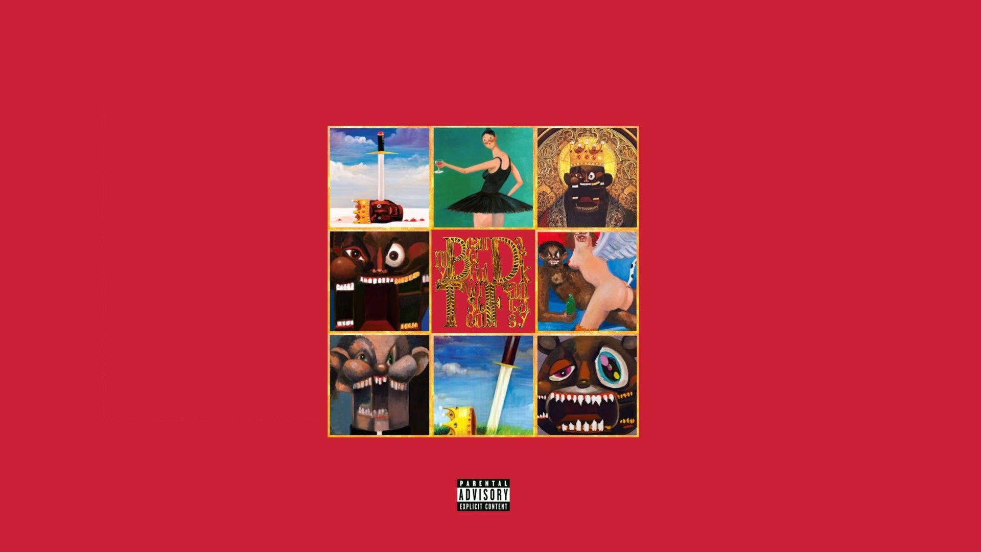 Album Cover 桌布 壁紙 — 一個由九幅超現實風格插圖組成的網格，背景為大膽的紅色，包含芭蕾舞者、戴冠人物和怪獸面孔。
