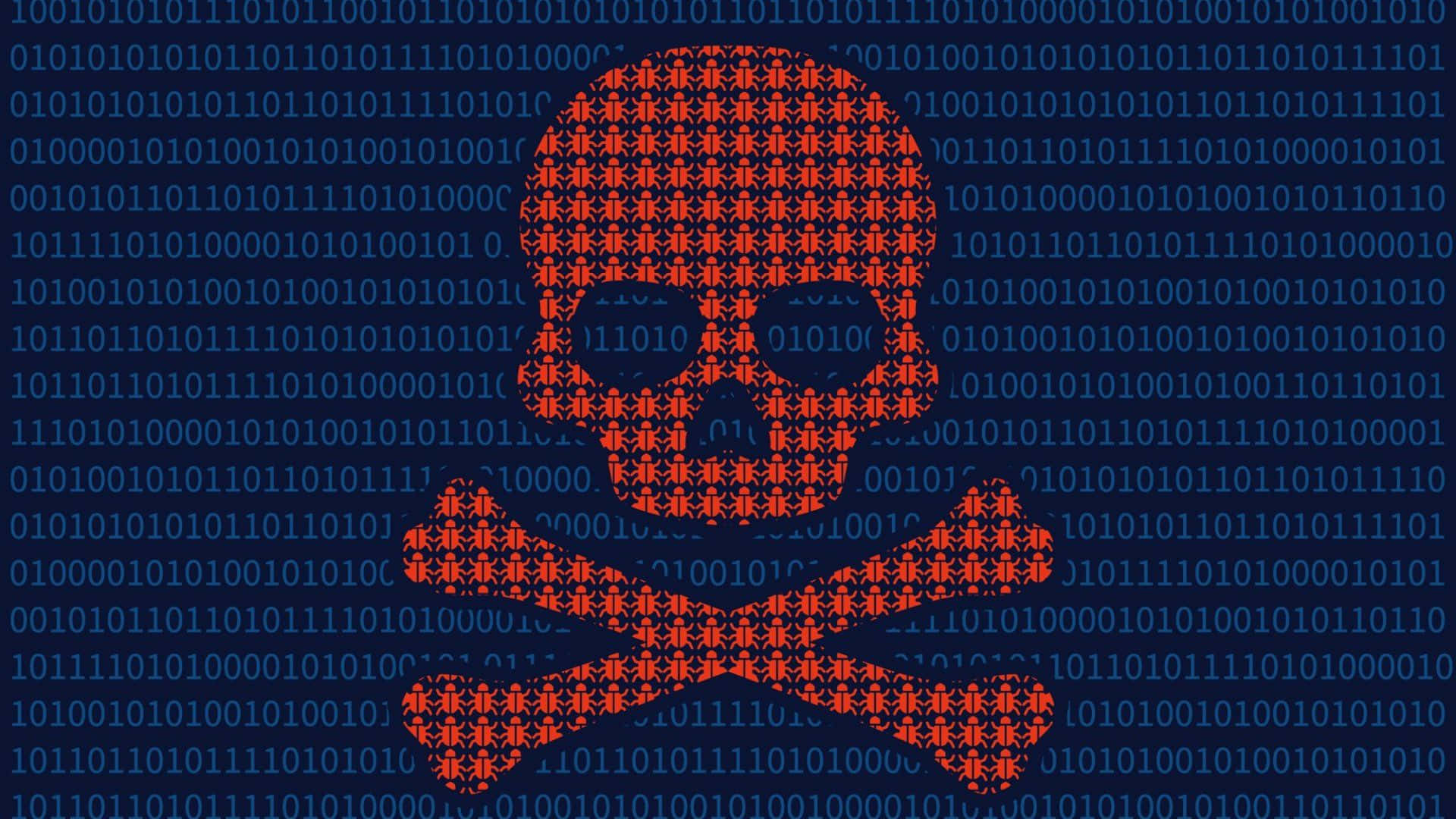Virus 桌布 壁紙 — 一個由二進位代碼形成的發光紅色骷髏頭骨和交叉骨圖示，背景為深藍色數位背景。