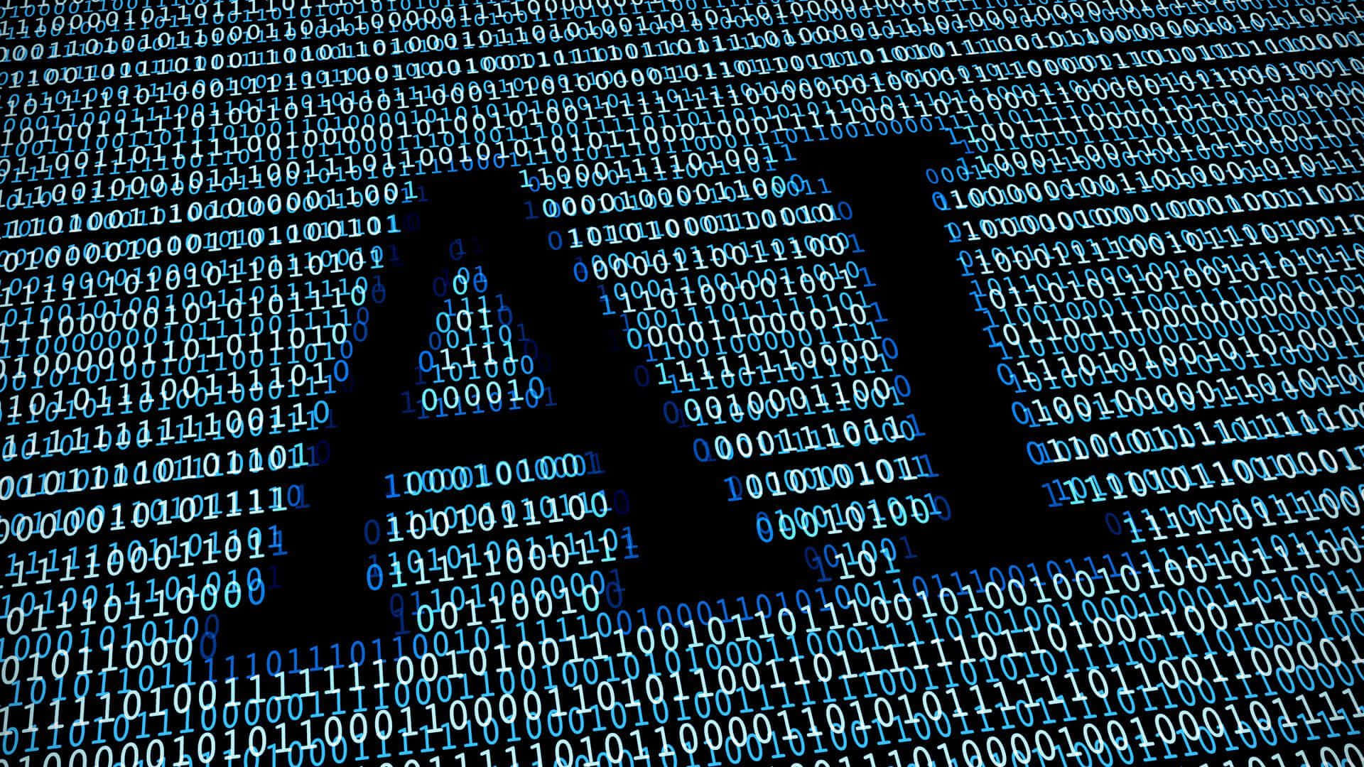 AI 桌布 壁紙 — 一個由二進制代碼組成的發光藍色警告三角形，漂浮在黑色背景上層疊的數位數據中。