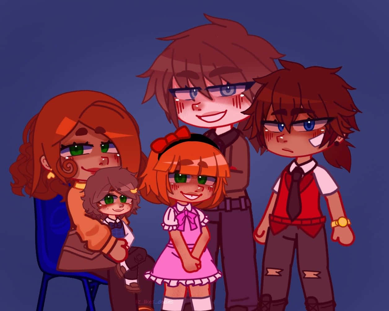 Fnaf Characters 桌布 壁紙 — 一個由五人組成的開朗動畫家庭，紅髮綠眼，在深藍色背景前一起擺姿勢。