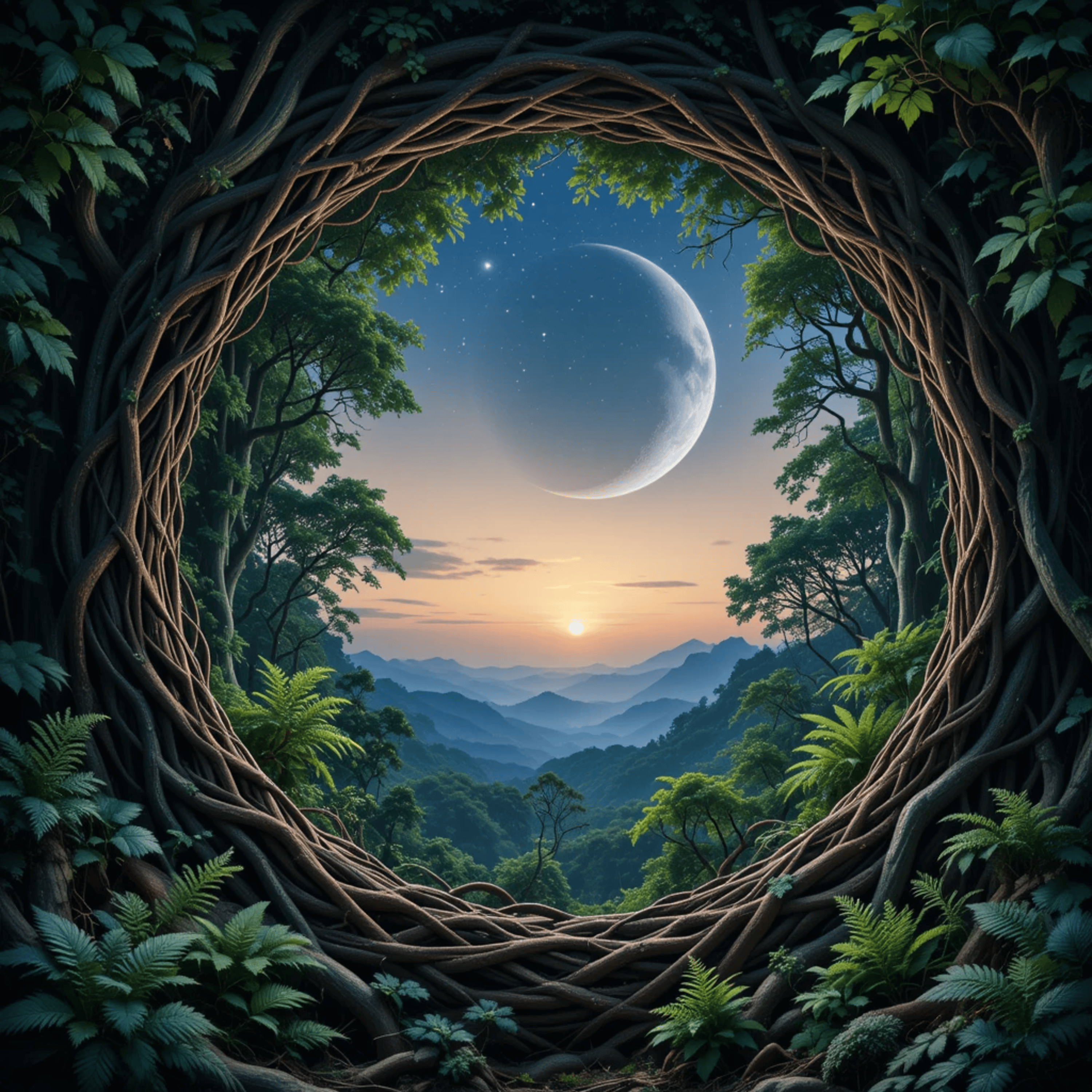 Moon Aesthetic 桌布 壁紙 — 一個由交織樹根形成的天然拱門，框住了新月和星空下層巒疊嶂的暮色景觀。