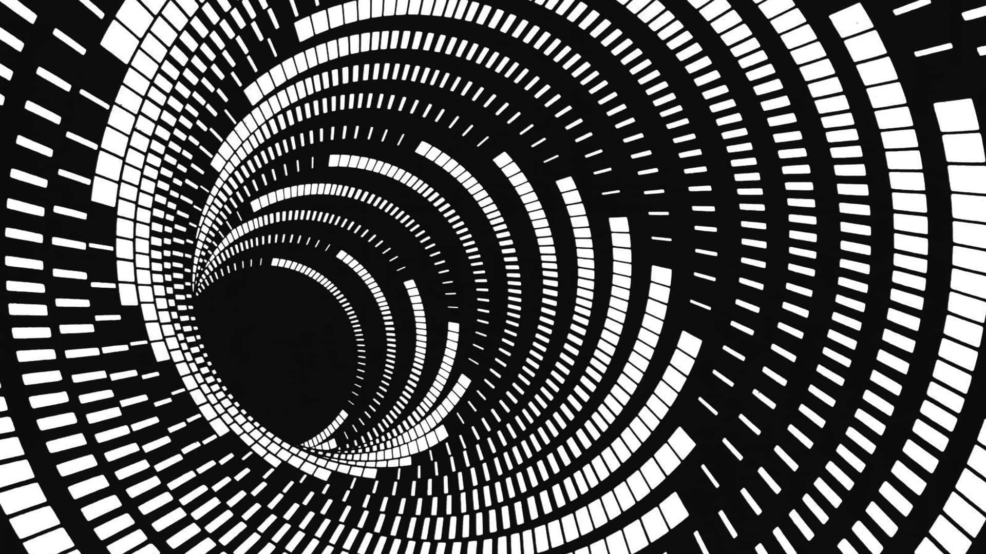Spiral 桌布 壁紙 — 一個由像素化長方形的同心環組成的催眠黑白隧道，逐漸消失在黑暗中。