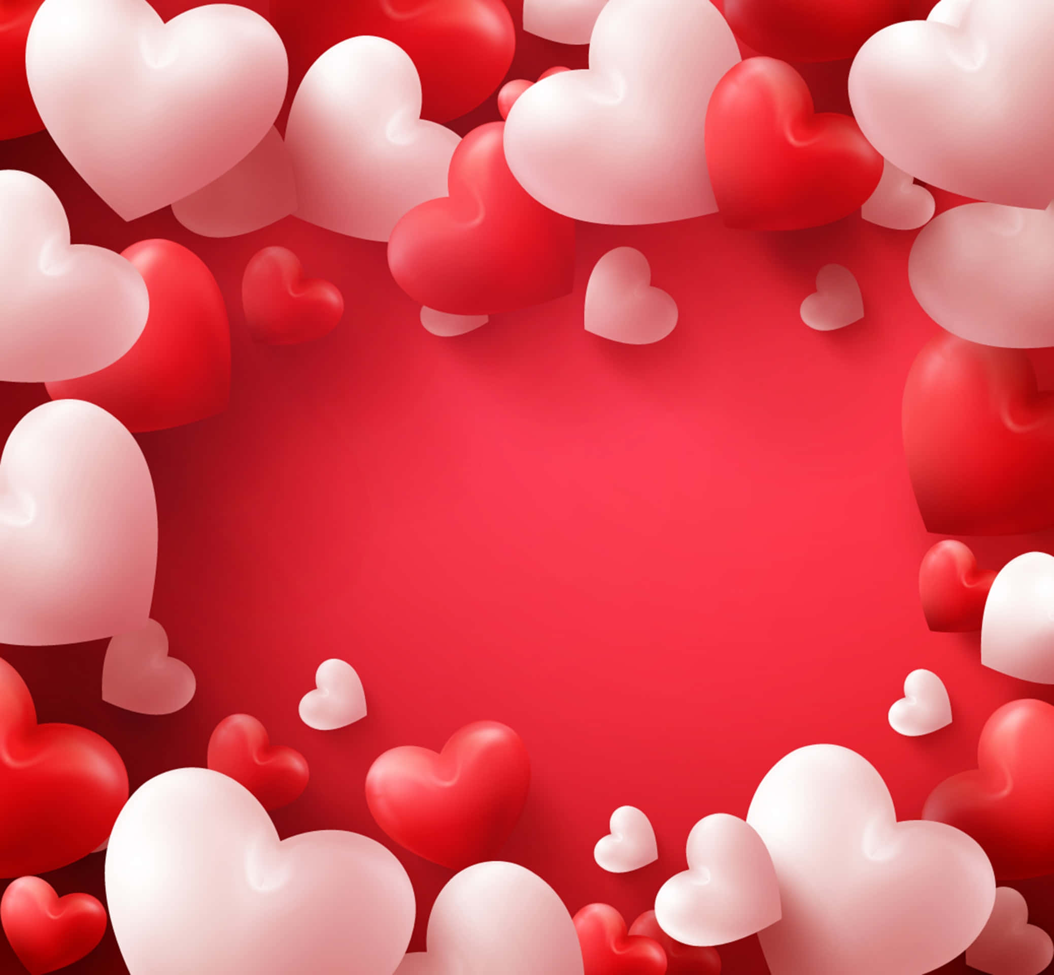 Cute Hearts 桌布 壁紙 — 一個由光澤紅色和白色心形組成的邊框，環繞著純紅色背景，呈現浪漫的3D渲染設計。