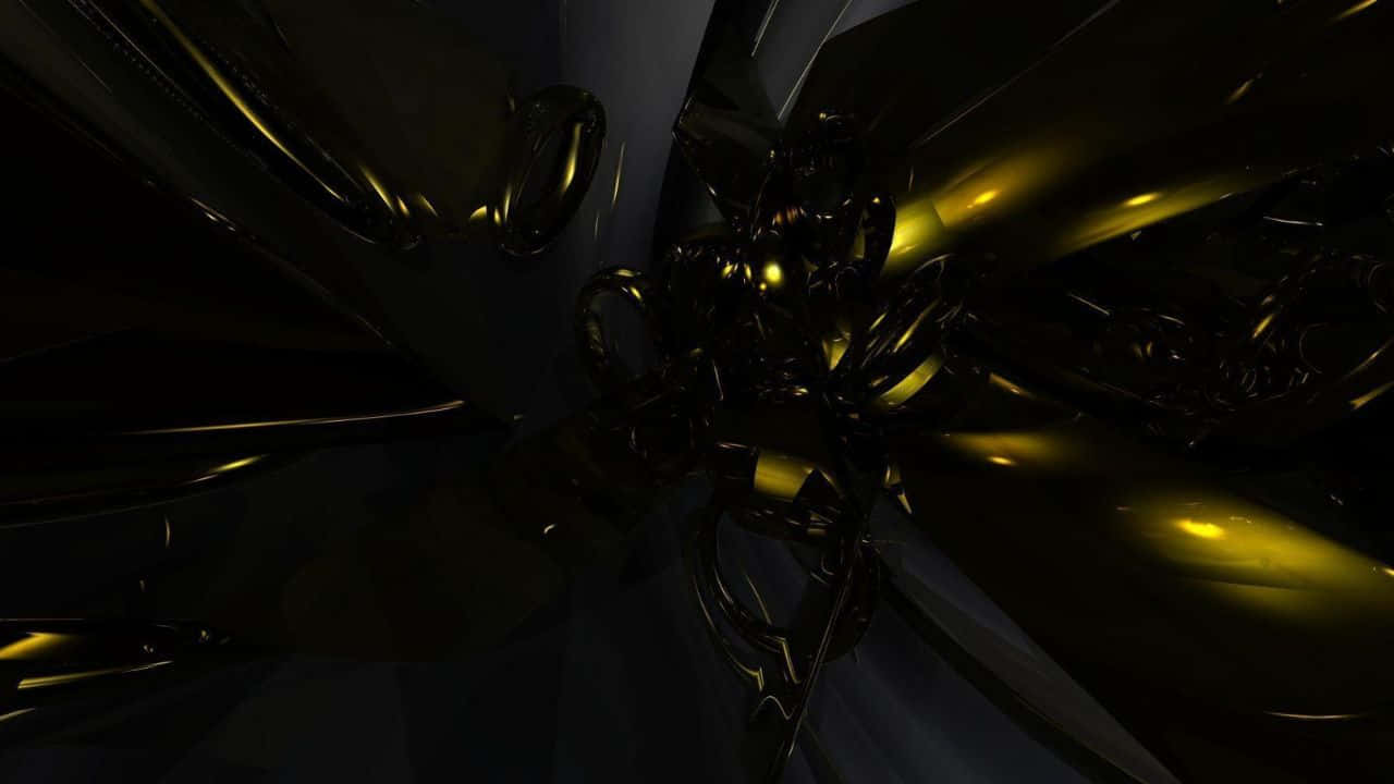 High Resolution Black And Gold 桌布 壁紙 — 一個由光澤金色金屬曲線組成的黑暗抽象隧道，被溫暖發光的高光點亮。