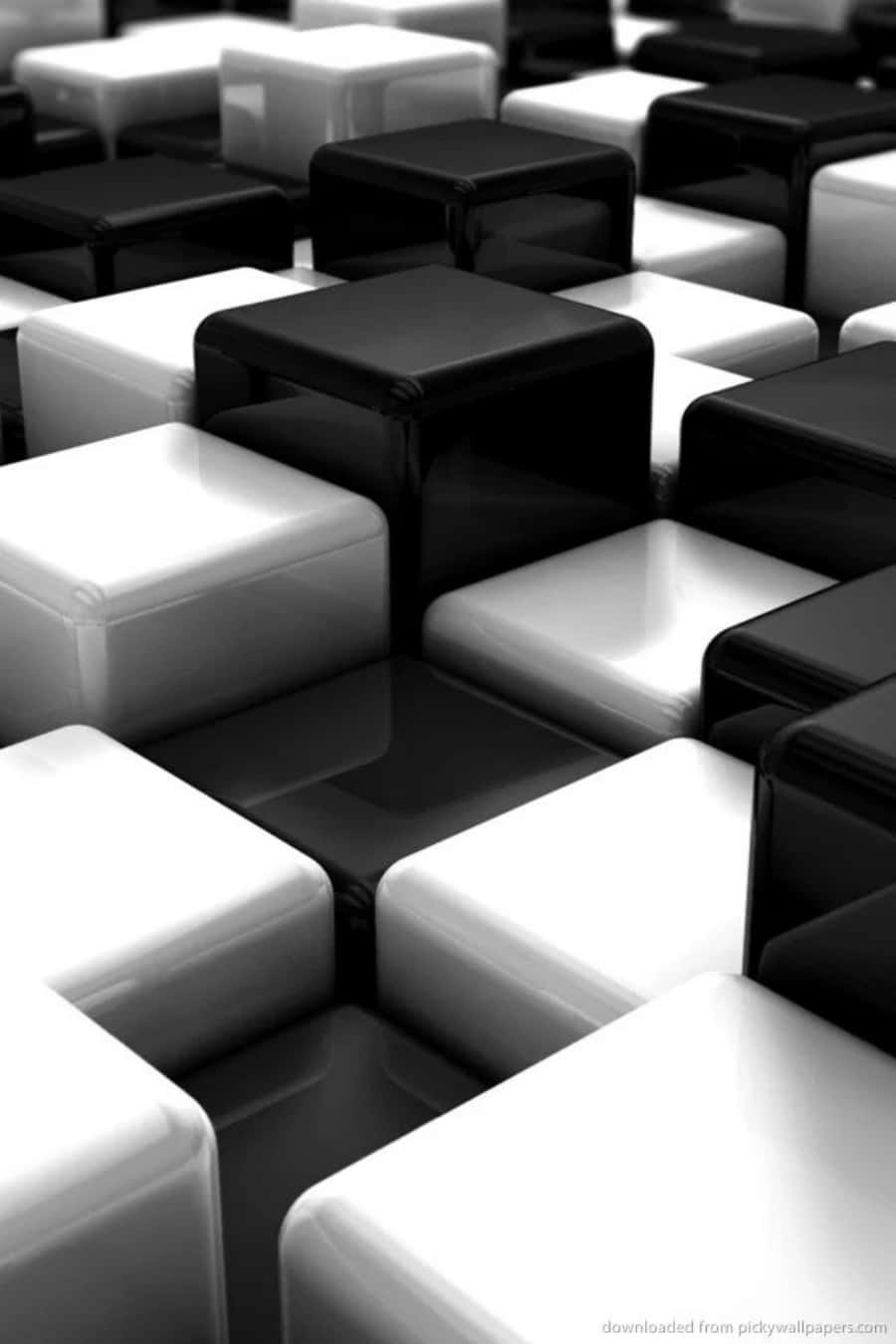 Black And White iPhone 桌布 壁紙 — 一個由光澤黑色和白色立方體組成的單色圖案，排列成重複的幾何網格，帶有銳利的陰影。