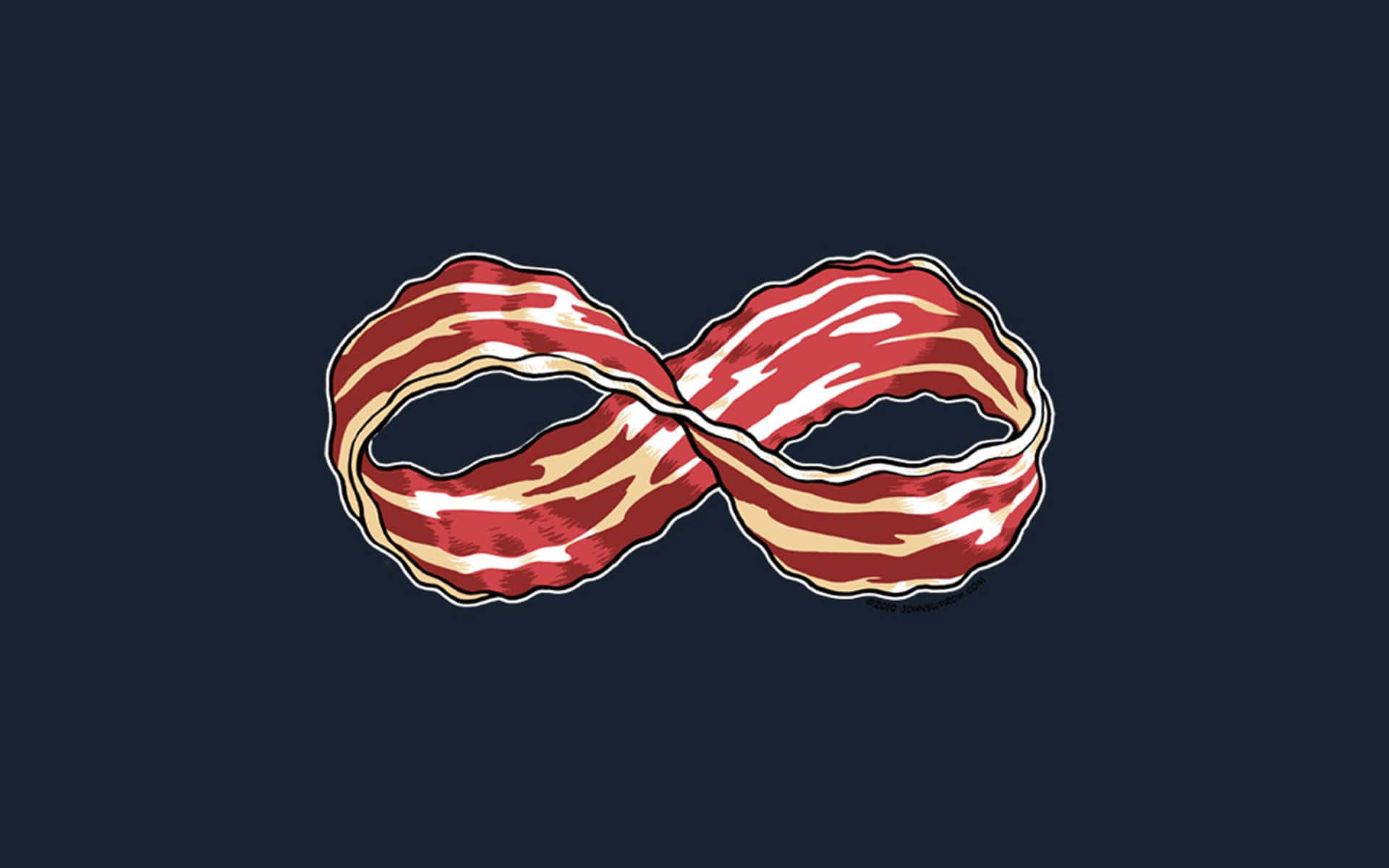 bacon 桌布 壁紙 — 一個由兩條脆培根製成的無限符號，背景為深海軍藍色。
