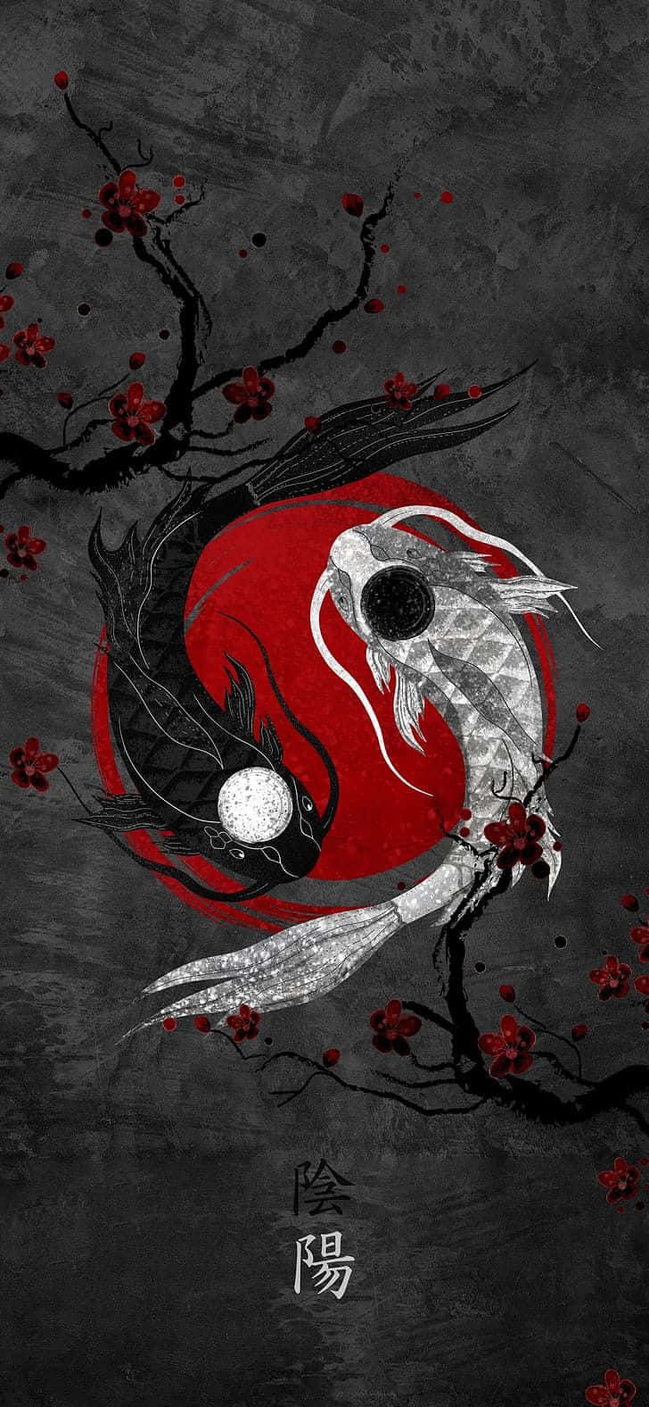 櫻花 桌布 壁紙 — 一個由兩條鯉魚（一黑一白）圍繞紅色圓圈旋轉形成的陰陽符號，背景為深灰色紋理，帶有紅色櫻花和漢字。