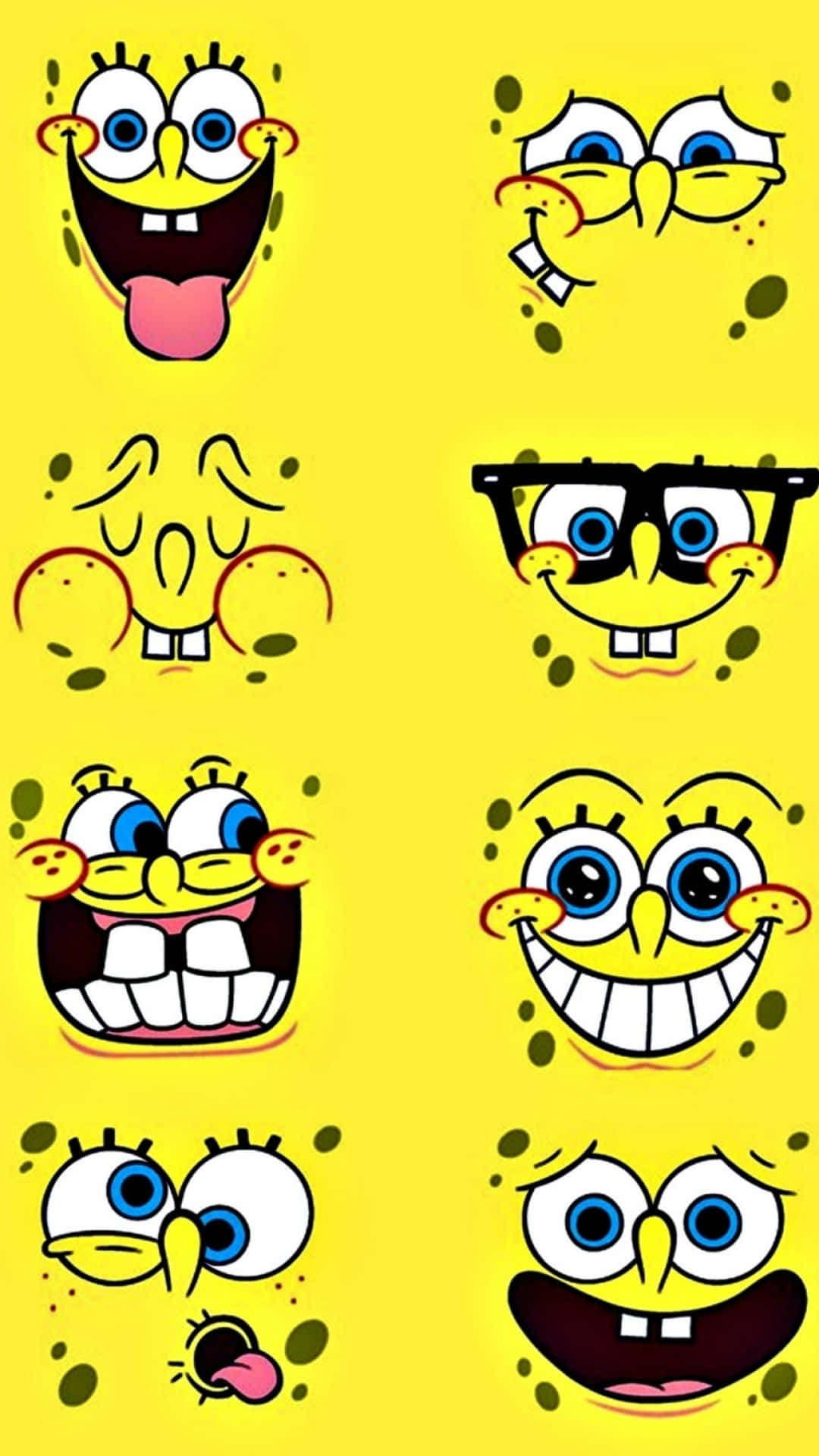 spongebob squarepants 桌布 壁紙 — 一個由八個卡通海綿面孔組成的網格，在明亮的黃色背景上展示各種誇張的表情。