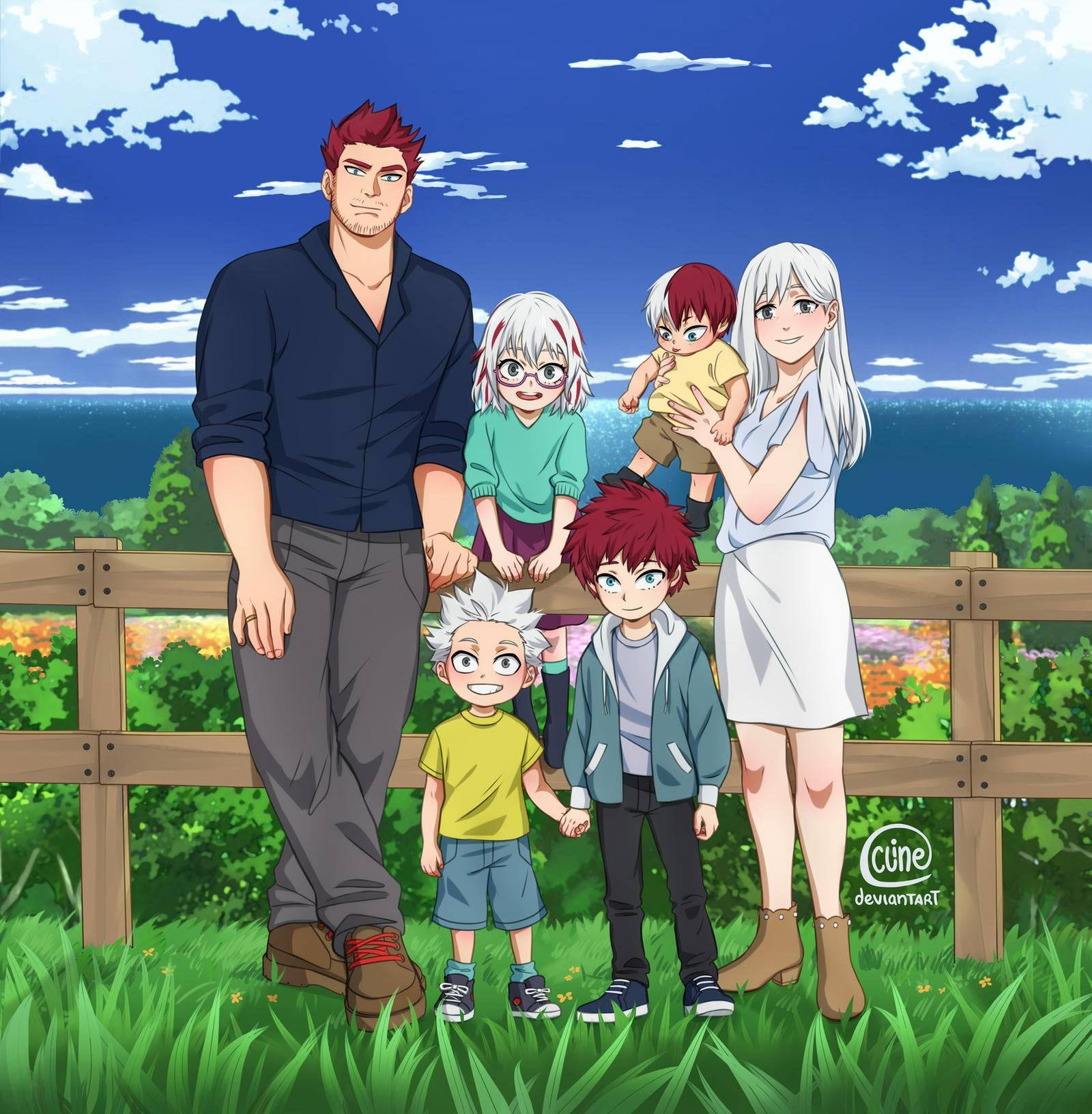todoroki family 桌布 壁紙 — 一個由六人組成的開朗動畫家庭，在晴朗藍天白雲下，木柵欄旁的草地上一起擺姿勢。