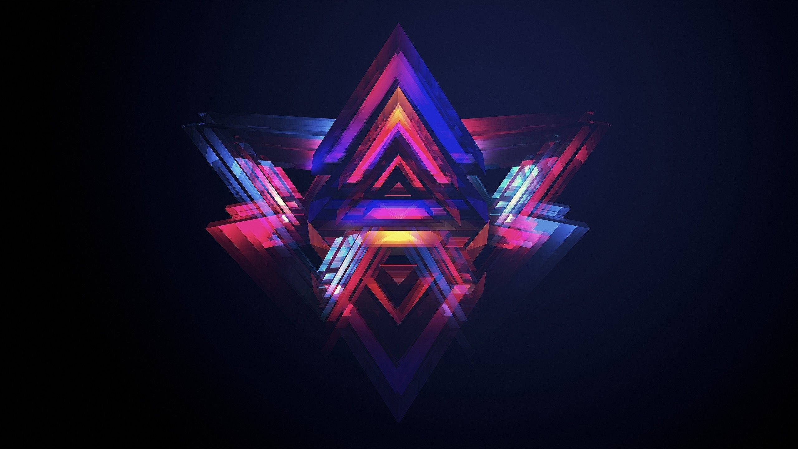 illuminati 桌布 壁紙 — 一個由分層三角形組成的發光霓虹幾何星，在深色背景上散發出充滿活力的粉紅色、藍色和橙色色調。