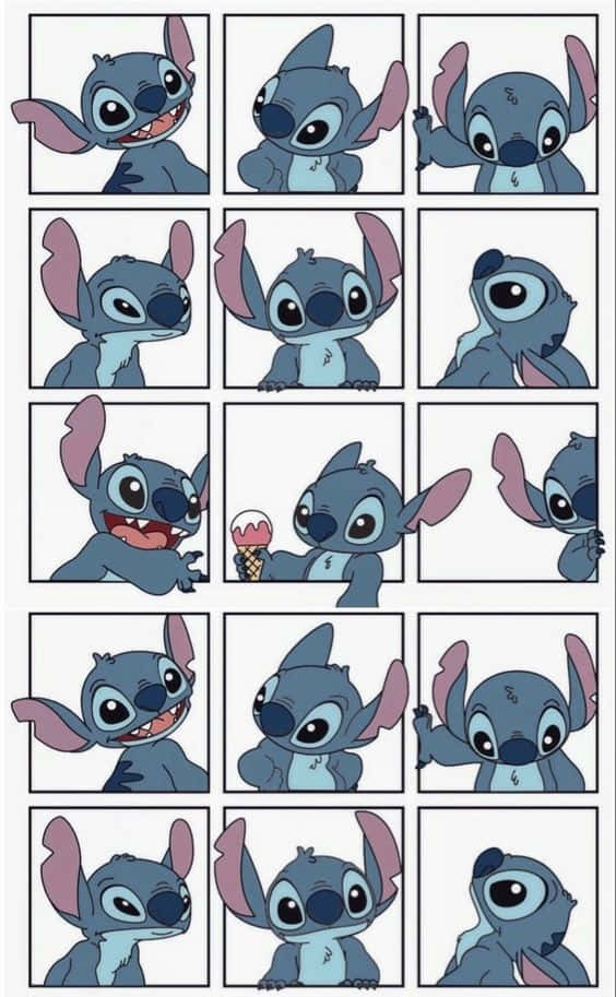 Adorable Stitch 桌布 壁紙 — 一個由十二個面板組成的網格，顯示史迪奇各種可愛和頑皮的表情和姿勢。