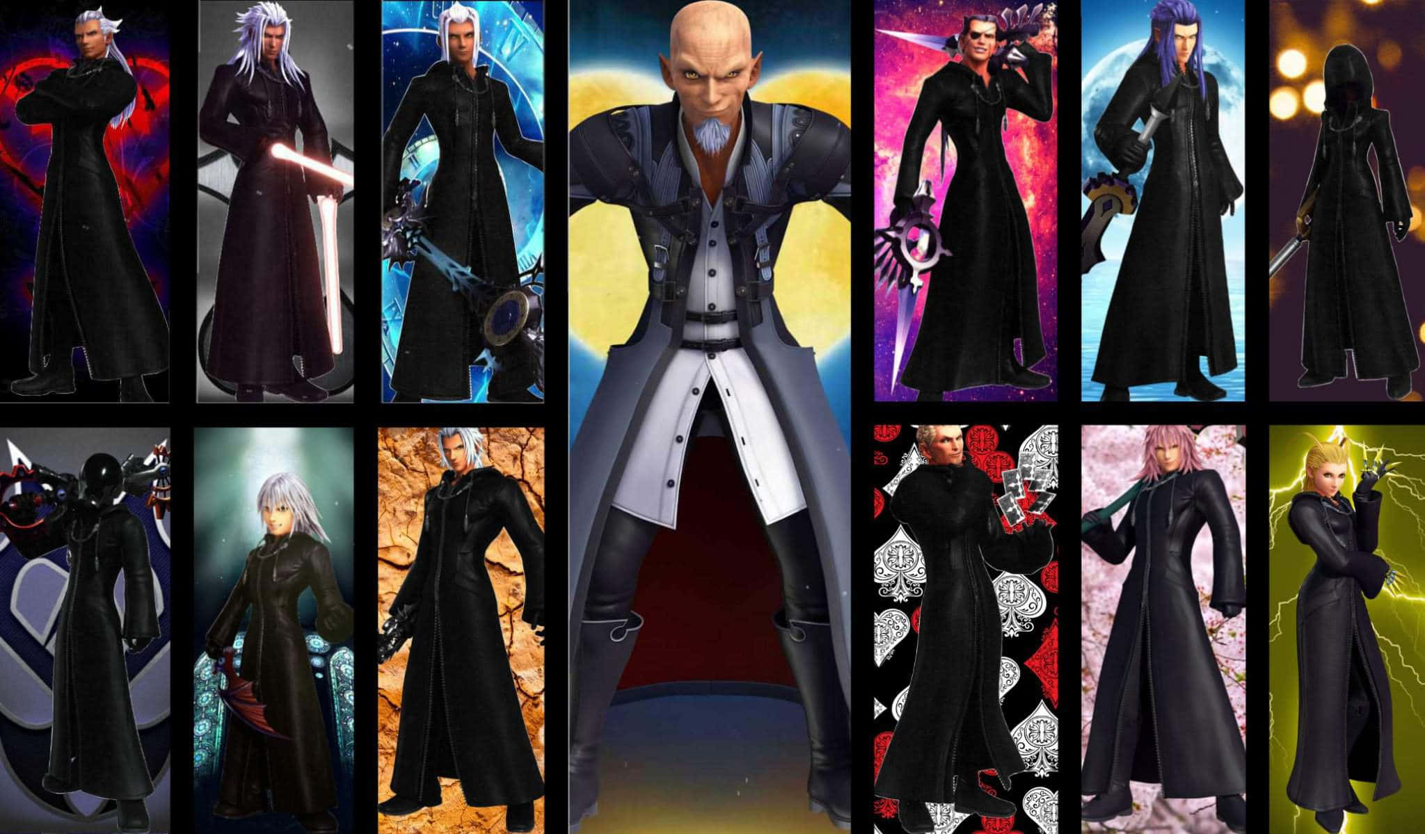 Kingdom Hearts Organization 13 桌布 壁紙 — 一個由十二個風格化的電子遊戲角色組成的網格，他們穿著黑色長外套，在色彩繽紛的奇幻背景前擺出持武器的姿勢。