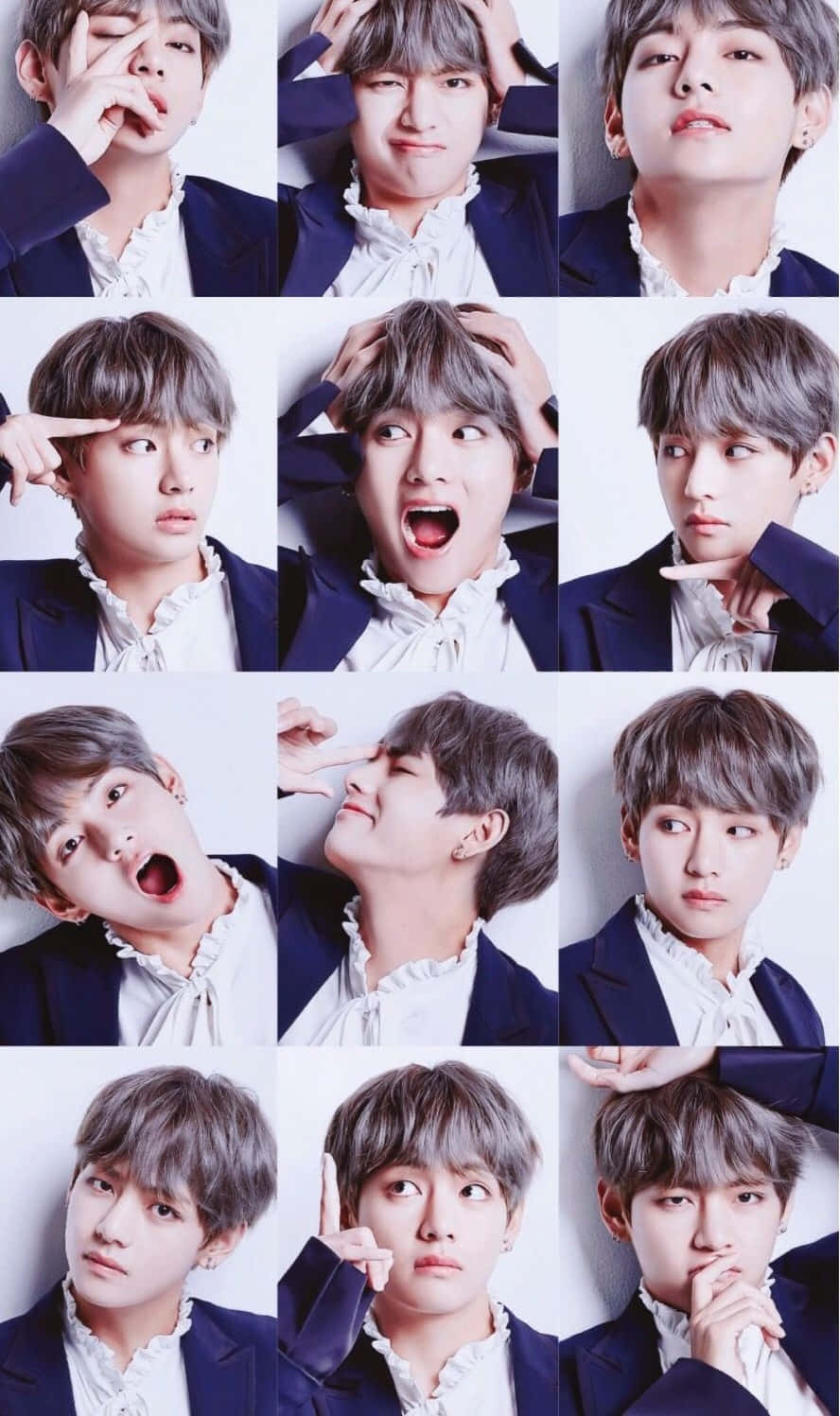 Bangtan Sonyeondan 桌布 壁紙 — 一個由十二幅表情豐富的年輕灰髮男子特寫肖像組成的網格，他身穿深色西裝外套和白色荷葉邊襯衫。