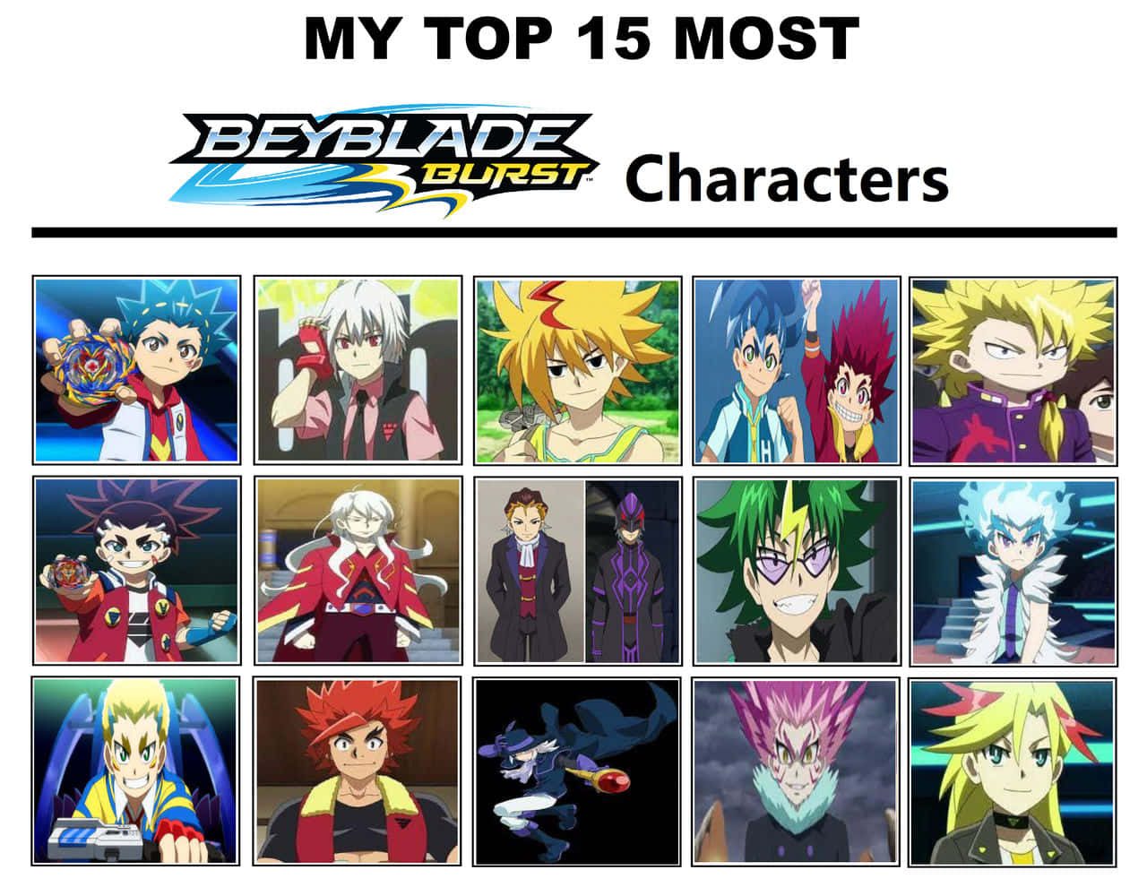 Beyblade Burst 桌布 壁紙 — 一個由十五個《爆旋陀螺Burst》動畫角色組成的網格，每個角色都拿著或擺出他們標誌性的旋轉陀螺姿勢。