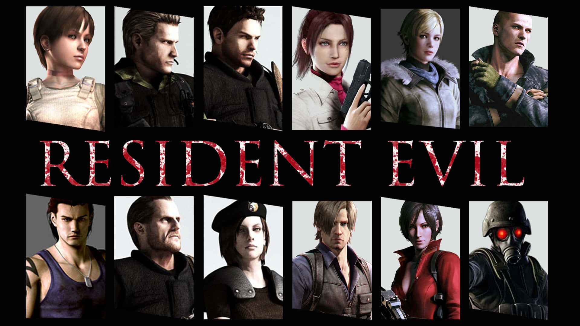Resident Evil 2 桌布 壁紙 — 一個由十個 Resident Evil 角色組成的網格，表情嚴肅，背景為黑色，帶有紅色標題文字。