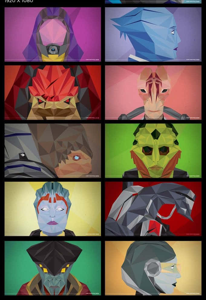 Mass Effect Trilogy 桌布 壁紙 — 一個由十個低多邊形風格外星人角色組成的網格，具有幾何形狀的臉龐和鮮豔的純色背景。
