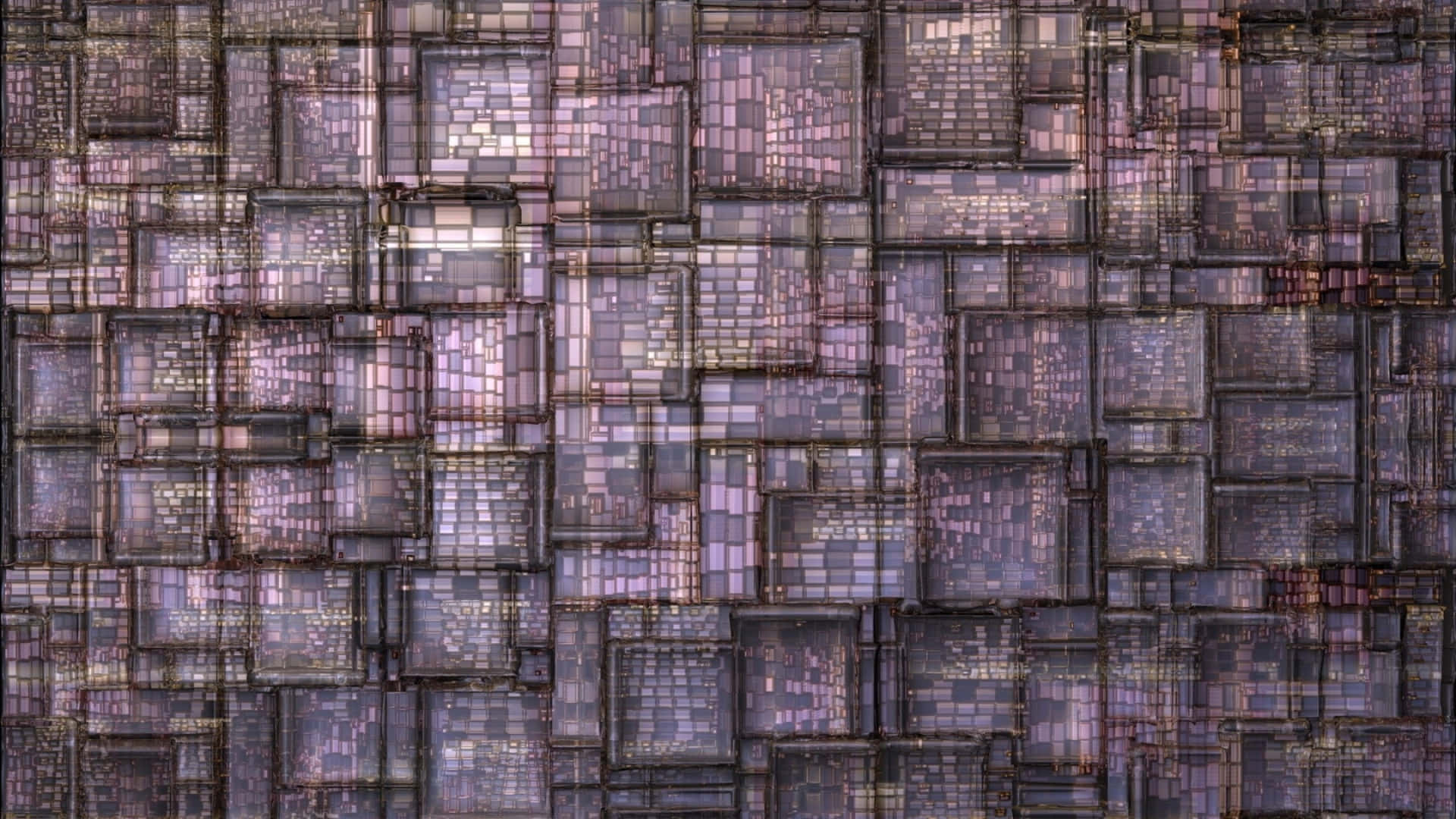 grid 桌布 壁紙 — 一個由半透明紫色和灰色方塊交錯組成的數位抽象圖案，帶有發光的內部細節。