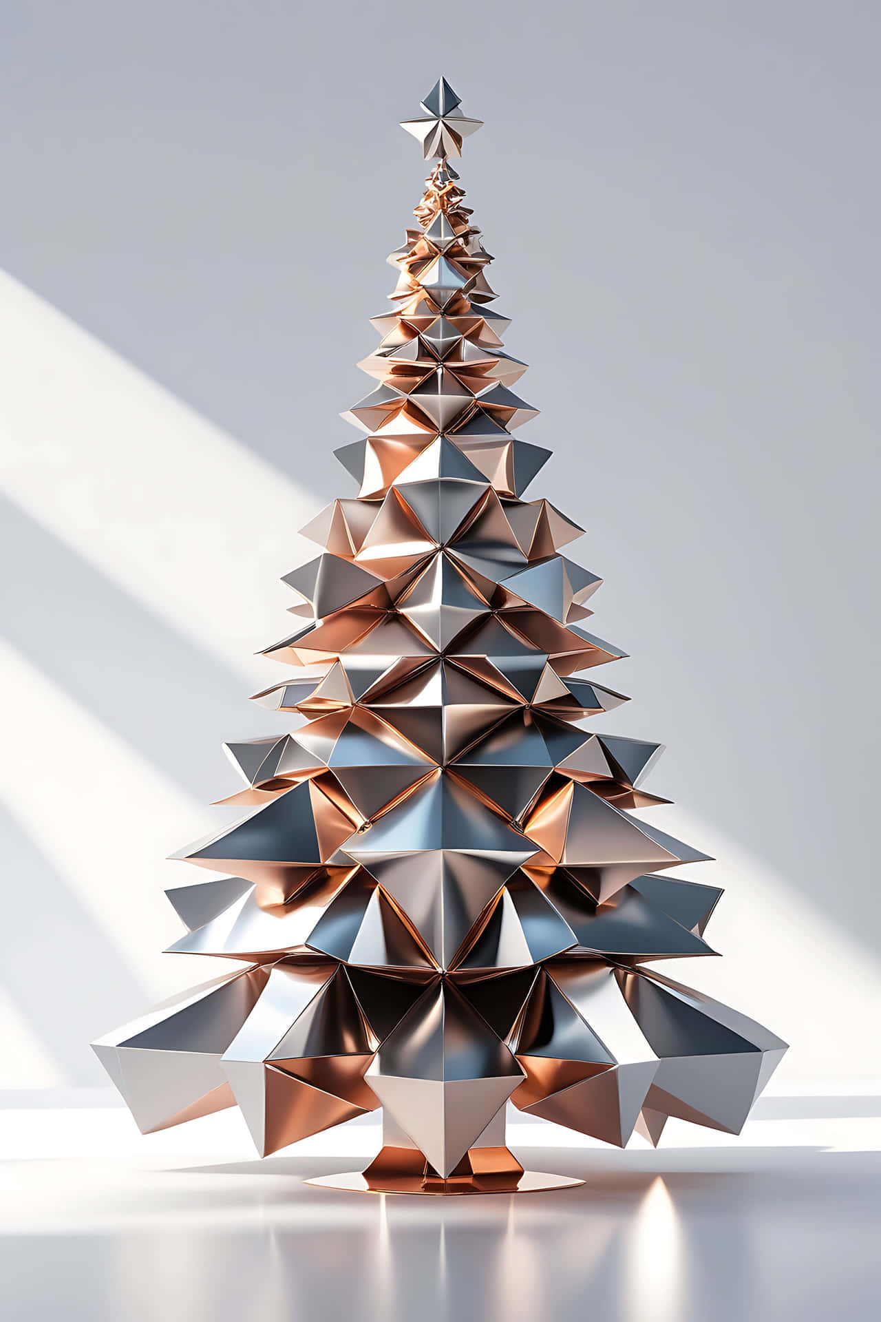 Origami christmas tree 壁紙 — 一個由反光銀色和銅色三角形面組成的幾何聖誕樹，頂部有一顆星星。