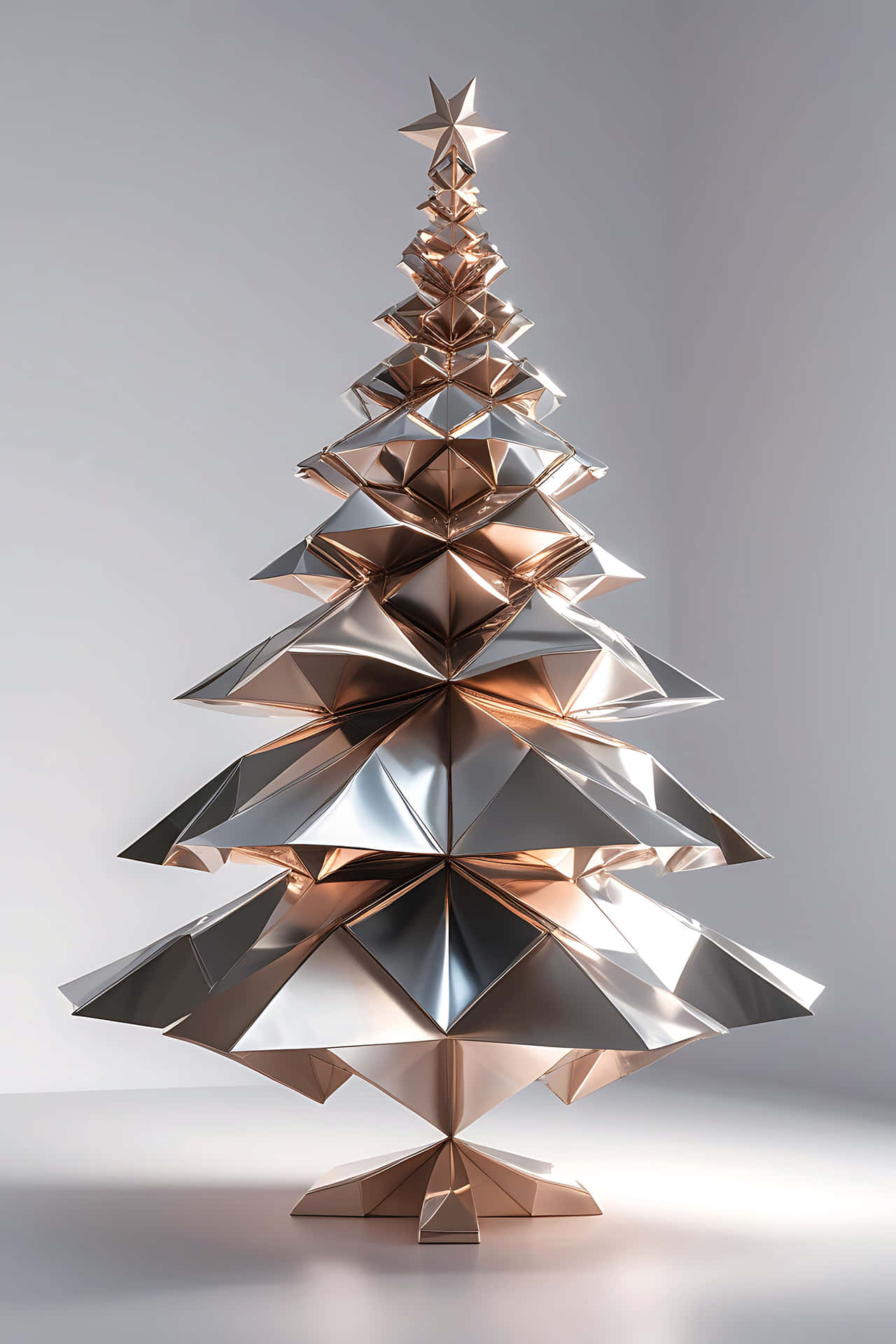 Modern geometric christmas tree 壁紙 — 一個由反射金屬面組成的幾何聖誕樹，頂部有一顆星星，立在柔和的灰色背景前。