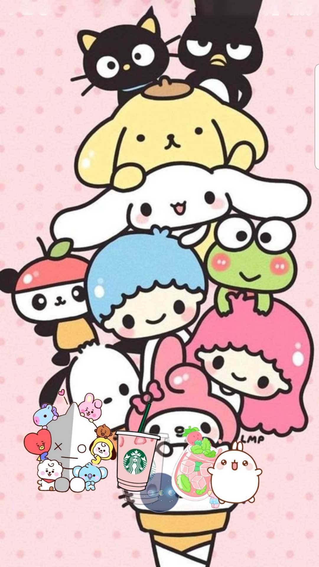 Cute Sanrio 桌布 壁紙 — 一個由可愛Sanrio角色堆疊而成的塔，背景為粉紅色圓點，配有飲料和小食。