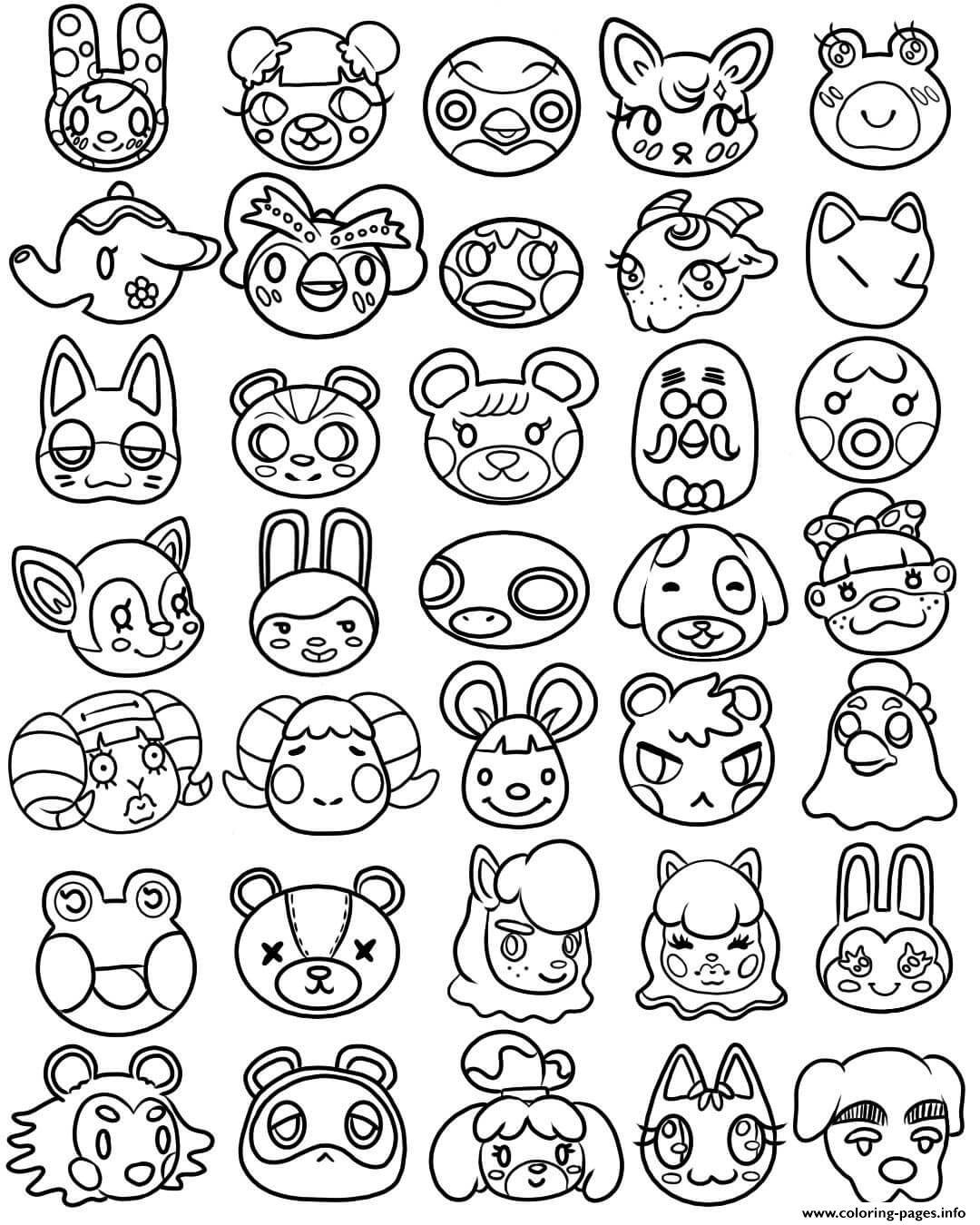 Kawaii Cute Animals 桌布 壁紙 — 一個由可愛卡通動物臉孔組成的網格，以黑色輪廓呈現，準備好著色。