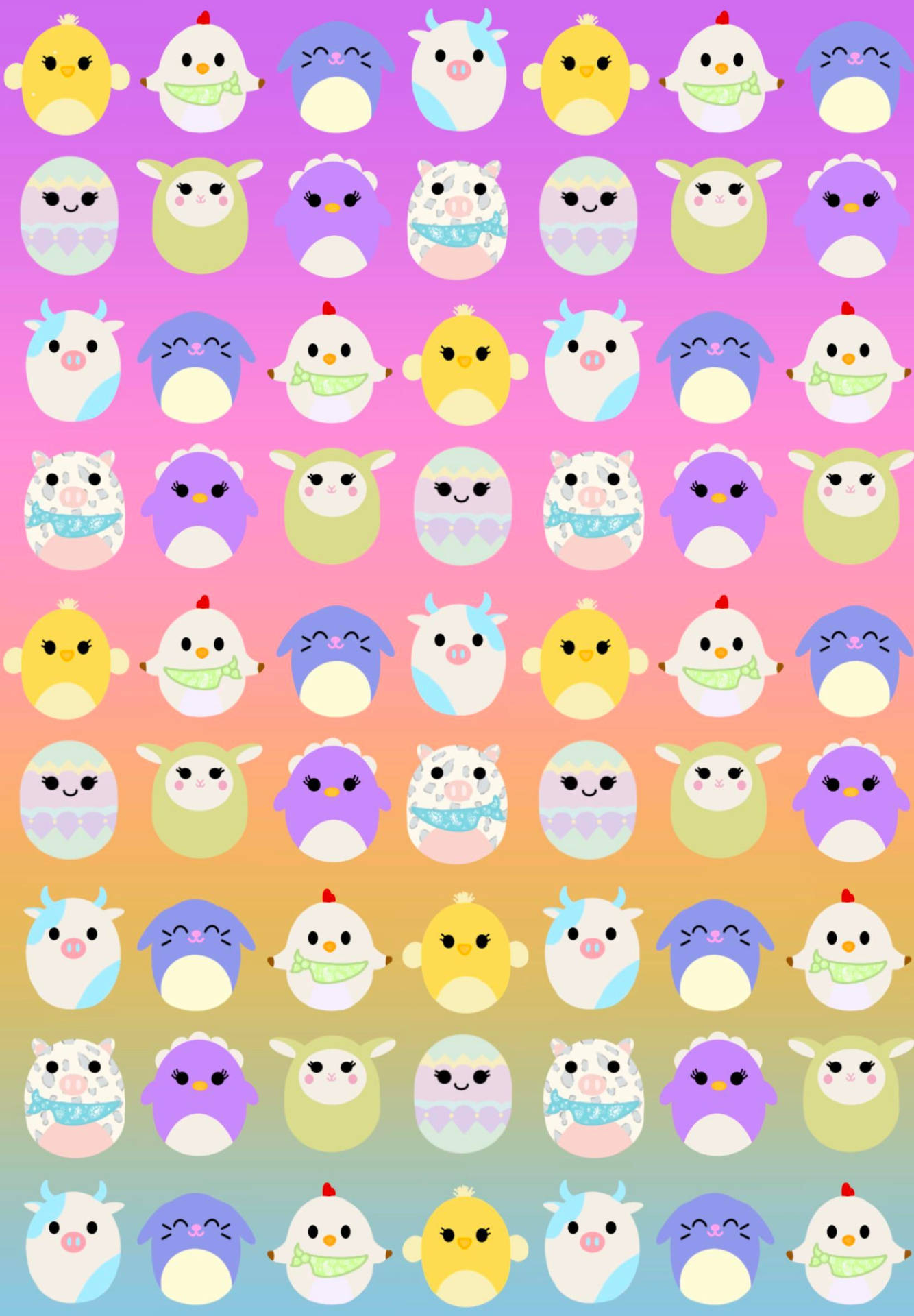 彩虹背景上的可愛卡通動物網格 — Squishmallows 壁紙
