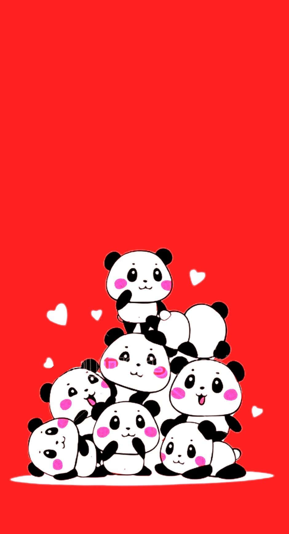 Cute Panda 桌布 壁紙 — 一個由可愛卡通熊貓組成的金字塔，粉紅色的臉頰和心形在純紅色背景上漂浮在它們周圍。