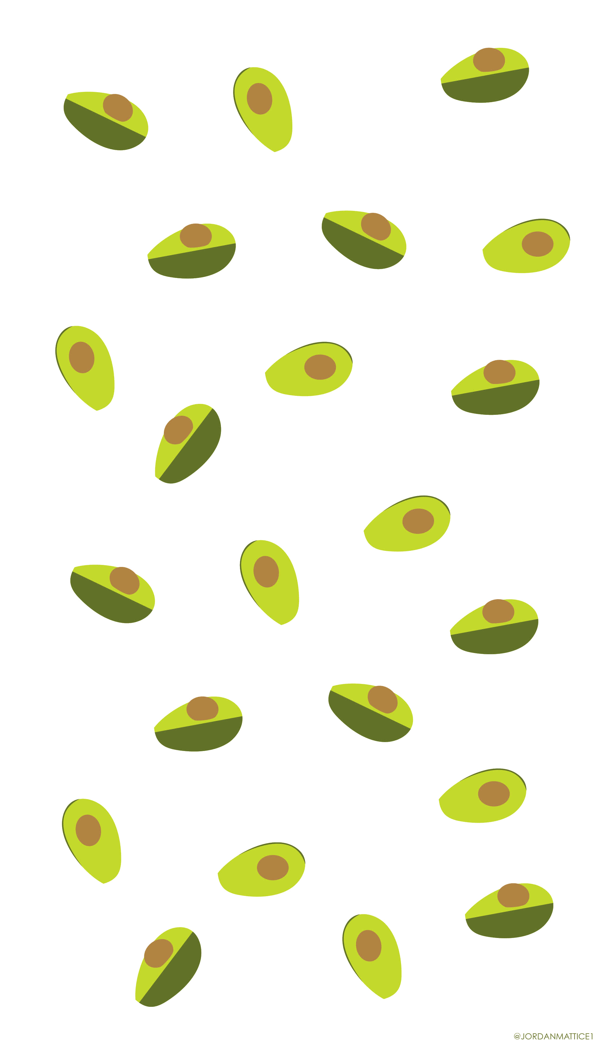 Avocado iPhone 桌布 壁紙 — 一個由各種綠色色調的切片酪梨散落在乾淨白色背景上的圖案。