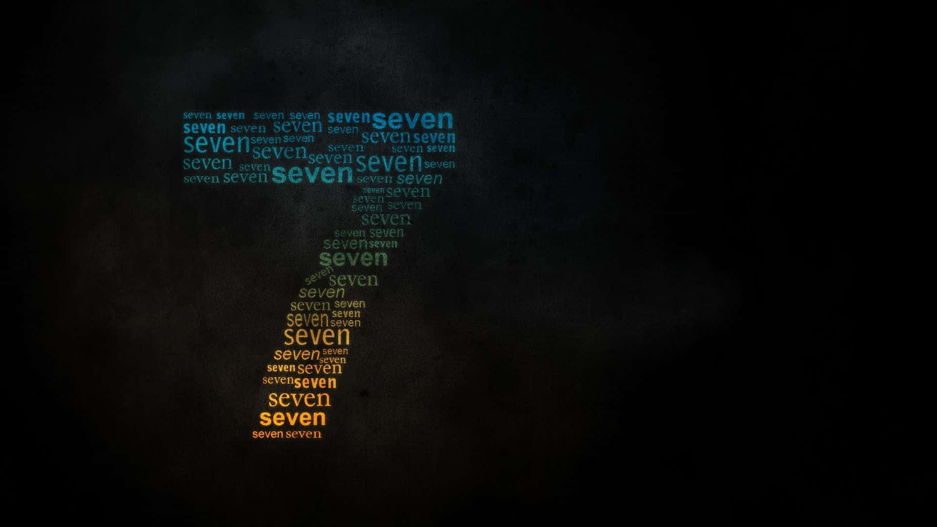 Number 7 桌布 壁紙 — 一個由單詞「seven」以漸變藍色和橙色在深色紋理背景上形成的問號。