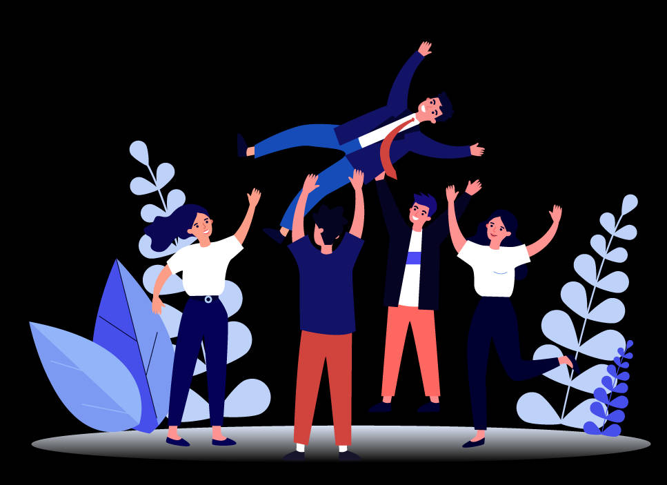 Teamwork 桌布 壁紙 — 一個由四人組成的歡樂團隊，在深色背景和風格化的藍色植物襯托下，將第五個人高高舉起。