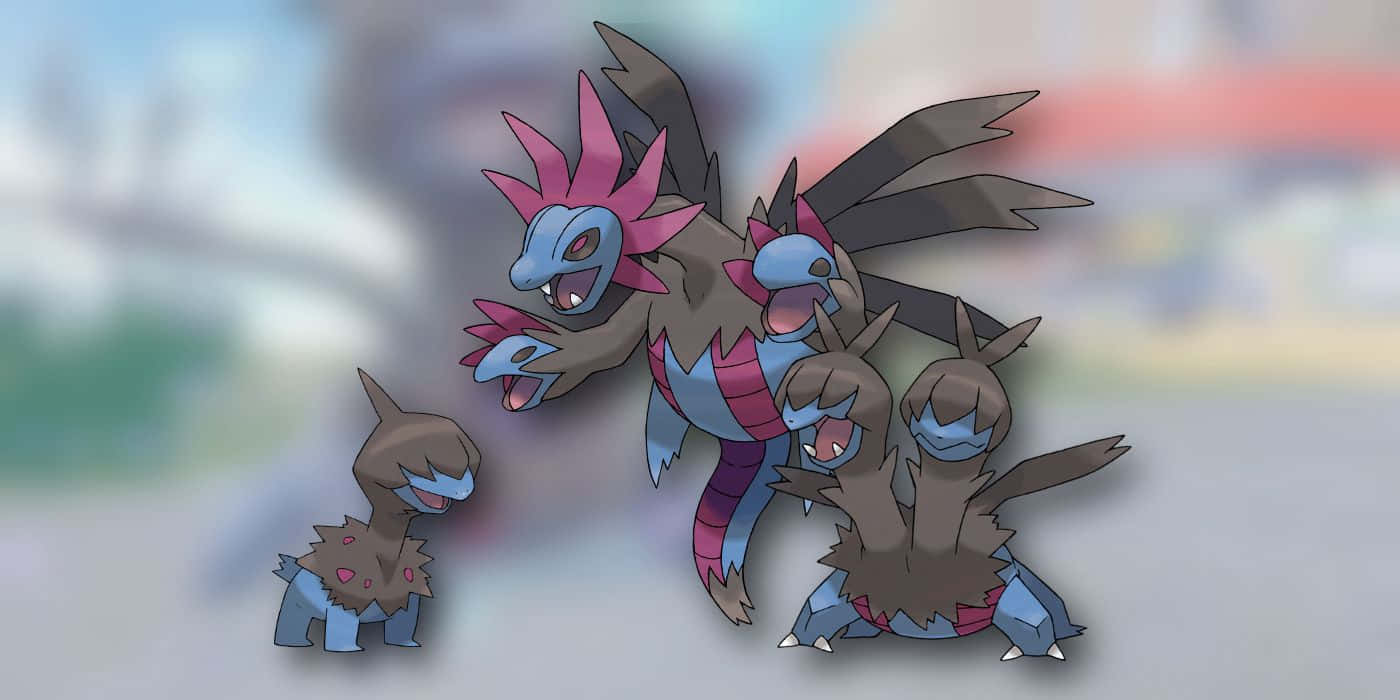 Pokemon Landscape 桌布 壁紙 — 一個由四隻棕色毛髮、藍色面孔和粉紅色尖刺冠的寶可夢組成的家庭，站在模糊多彩的背景前。