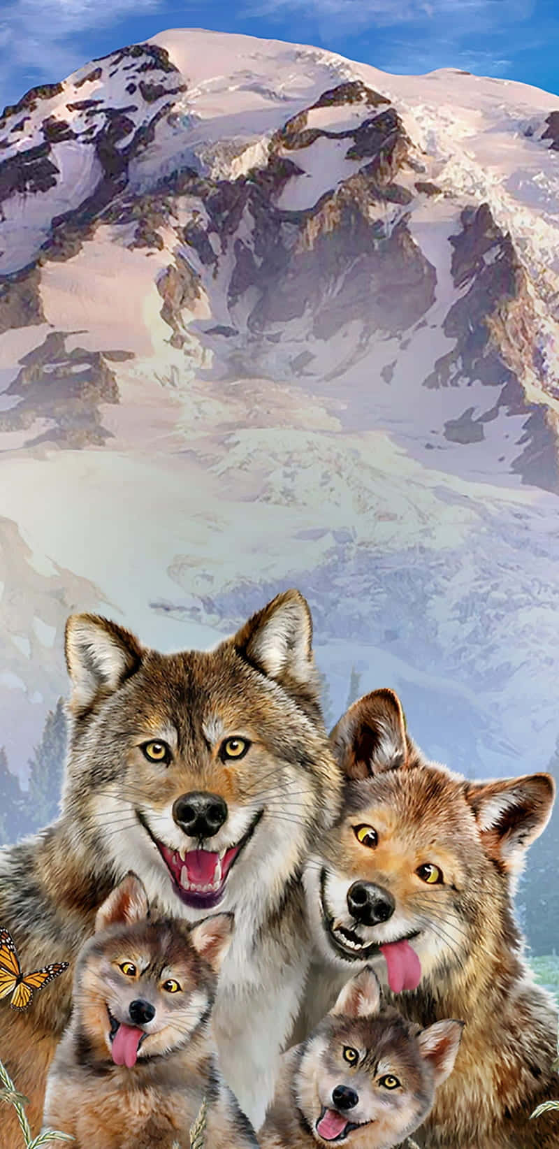 Cute Wolves 桌布 壁紙 — 一個由四隻狼組成的家庭，帶著頑皮的表情，站在雄偉的雪山山脈前，背景是清澈的藍天。