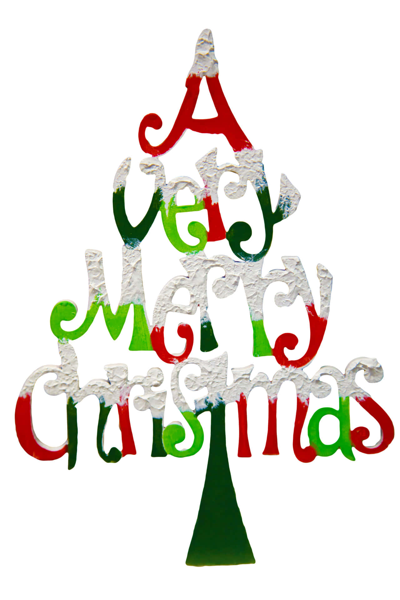 聖誕樹動畫 桌布 壁紙 — 一個由塗上紅、綠、白色字母拼出「A Very Merry Christmas」的節日聖誕樹剪影。