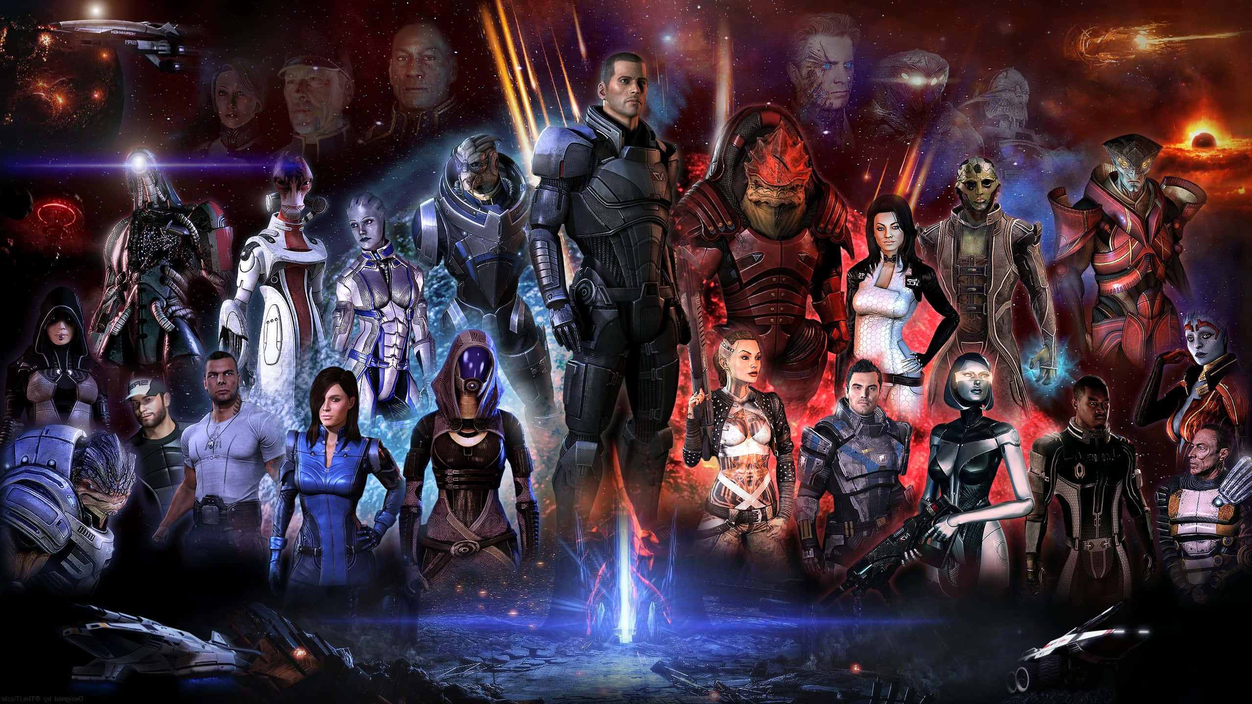 Mass Effect Characters 桌布 壁紙 — 一個由多樣化裝甲角色組成的戲劇性科幻合奏，站在星星和外星世界的宇宙背景前。
