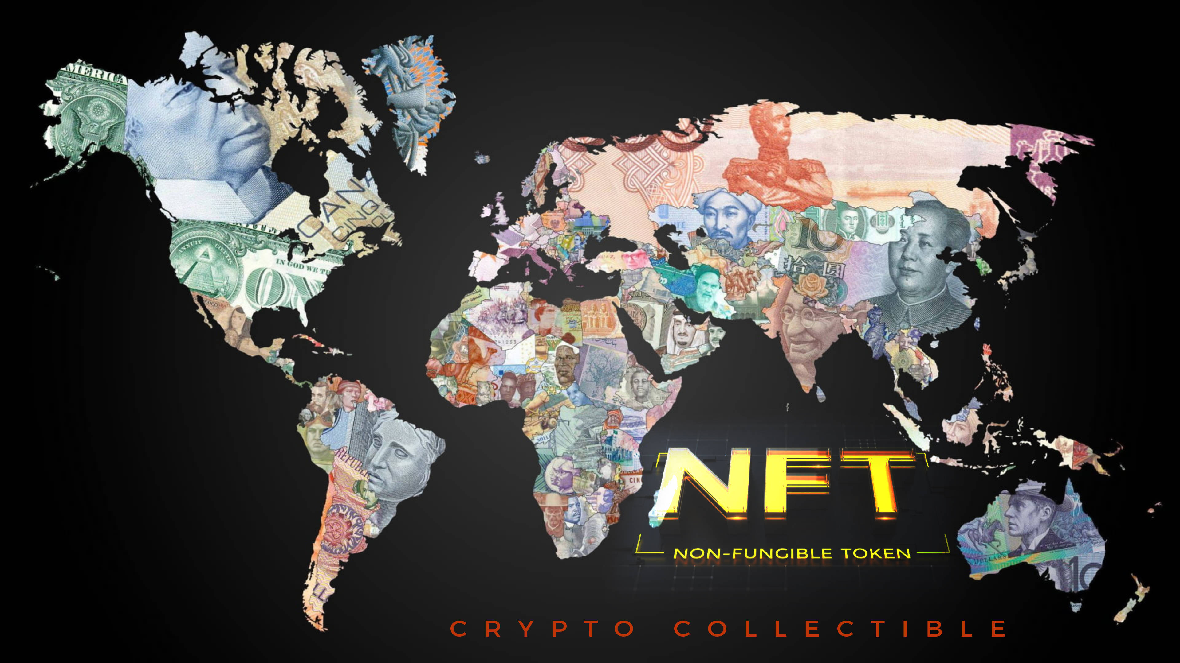 NFT 桌布 壁紙 — 一個由多種全球貨幣紙幣組成的世界地圖，中央有發光的NFT文字，背景為黑色。