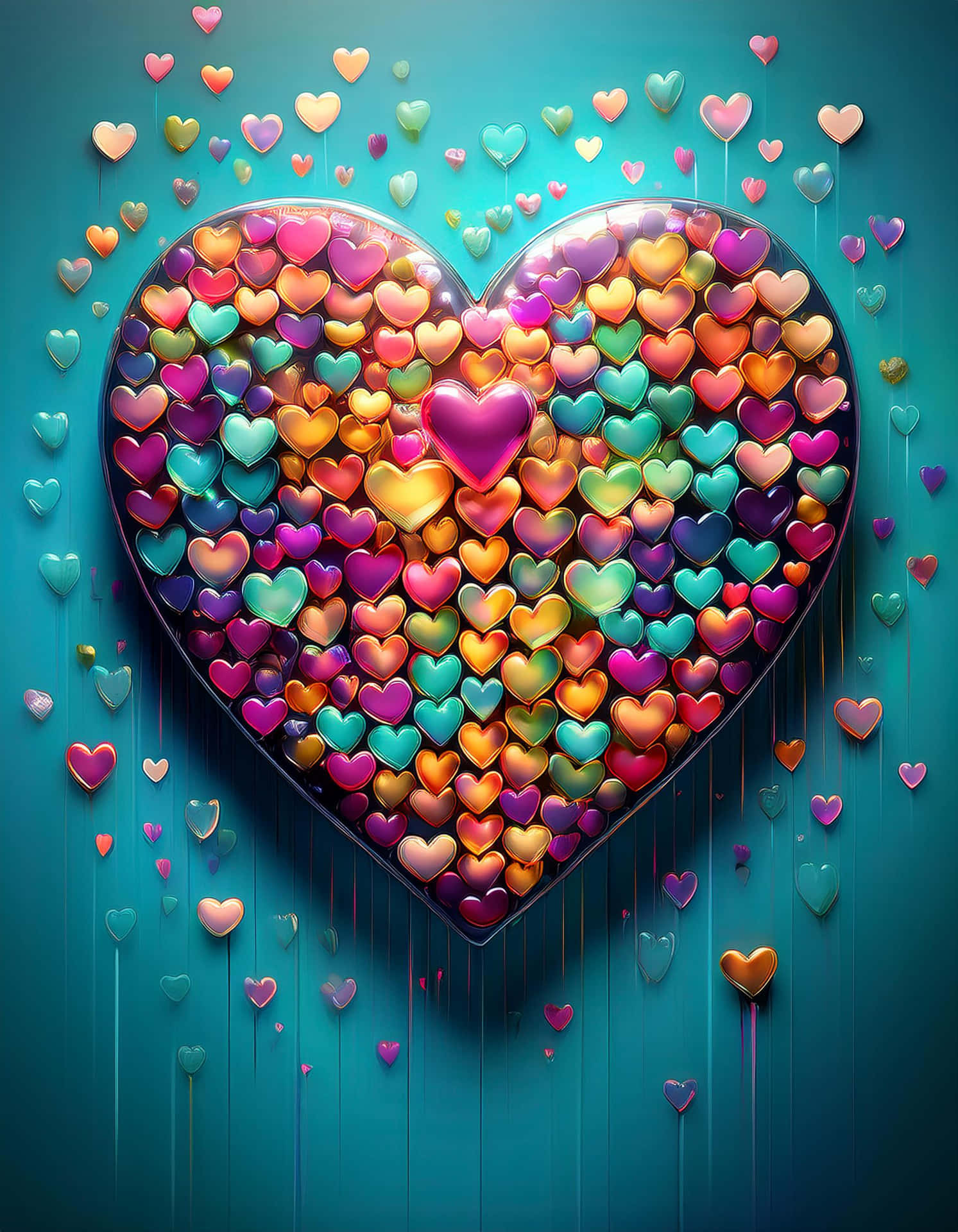 Dance of Colorful Hearts 壁紙 — 一個由多色光澤心形組成的大心形漂浮在青綠色背景上，伴有墜落的心形。