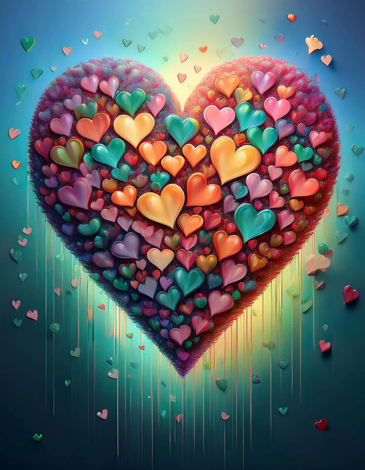 Dance of Colorful Hearts 壁紙 — 一個由多色光澤心形組成的巨大心形，在漸變藍色背景上散發光芒，周圍有漂浮的心形和發光的條紋。