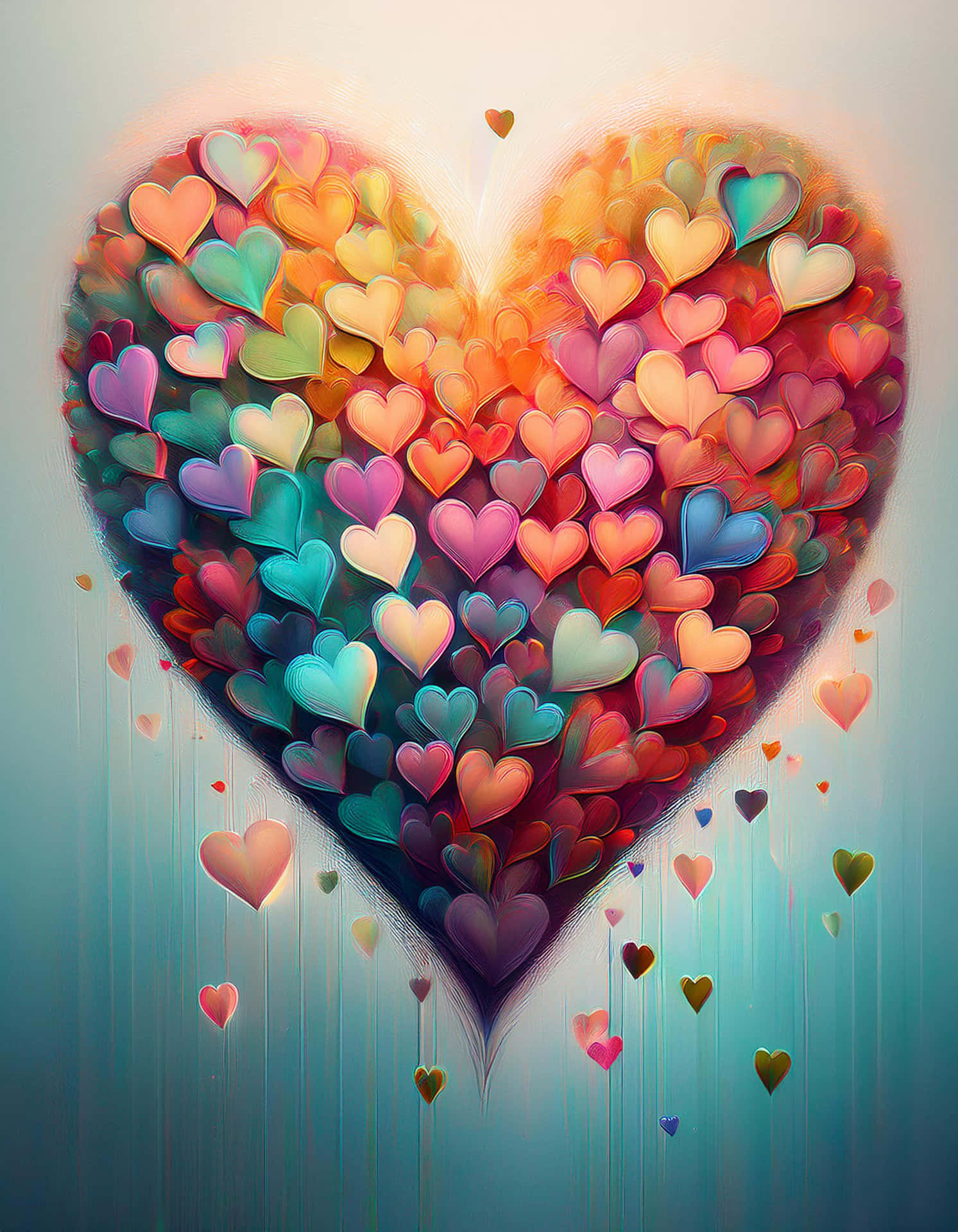 Dance of Colorful Hearts 壁紙 — 一個由多色心形組成的閃爍心形，在柔和的漸變背景上散發溫暖的光芒。