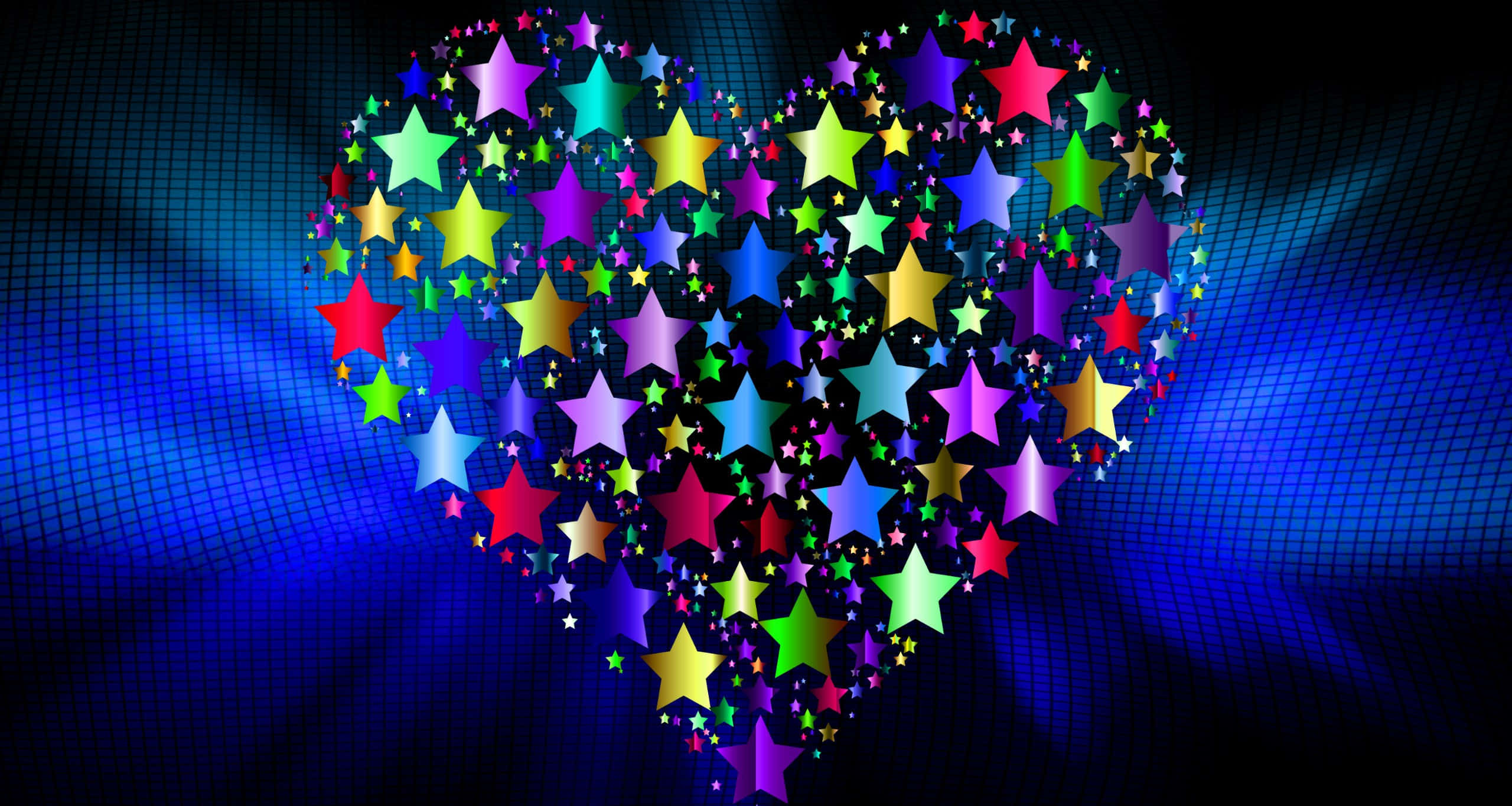 Love Heart 桌布 壁紙 — 一個由多色星星在深藍色網格背景上發光形成的鮮豔心形。