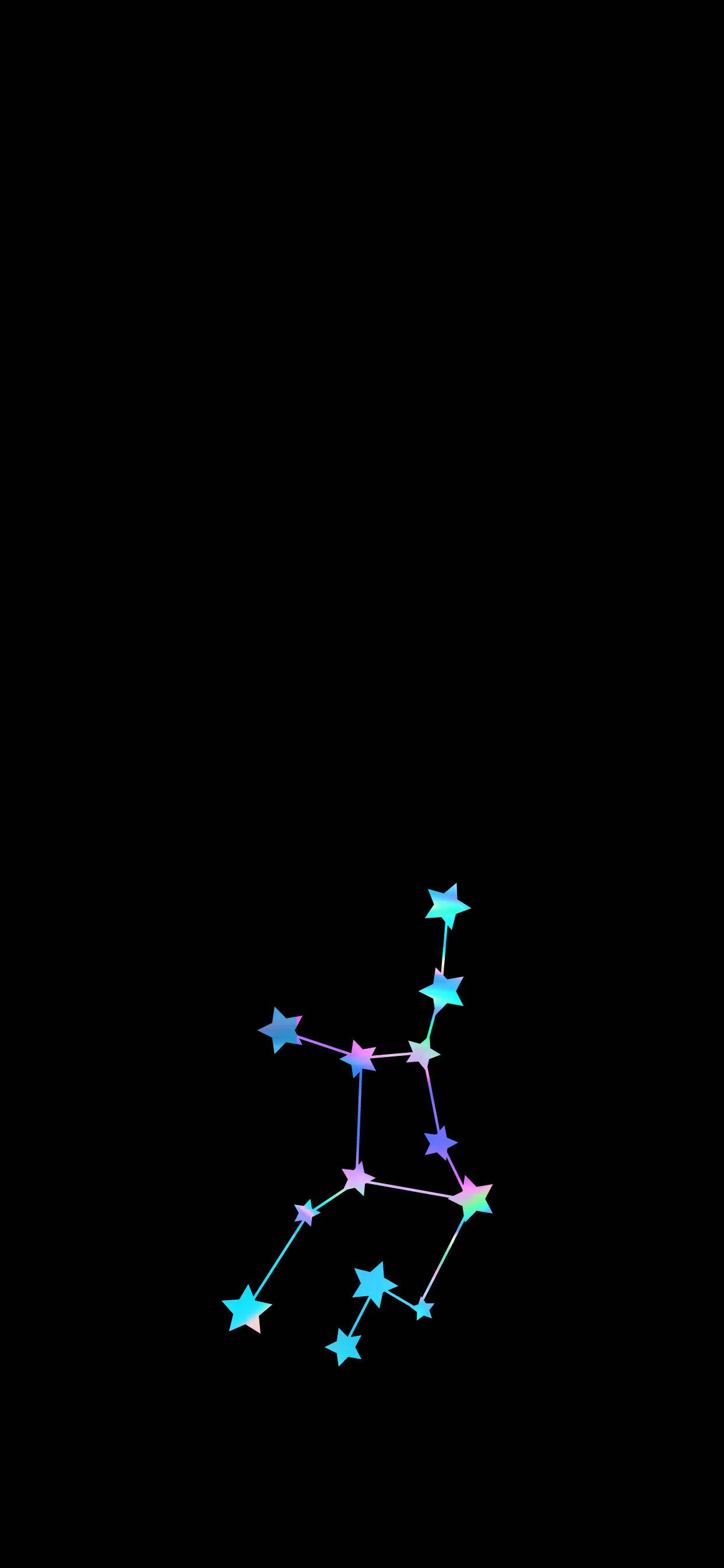 zodiac 桌布 壁紙 — 一個由多色星星組成的發光星座，以線條連接，背景為深黑色。
