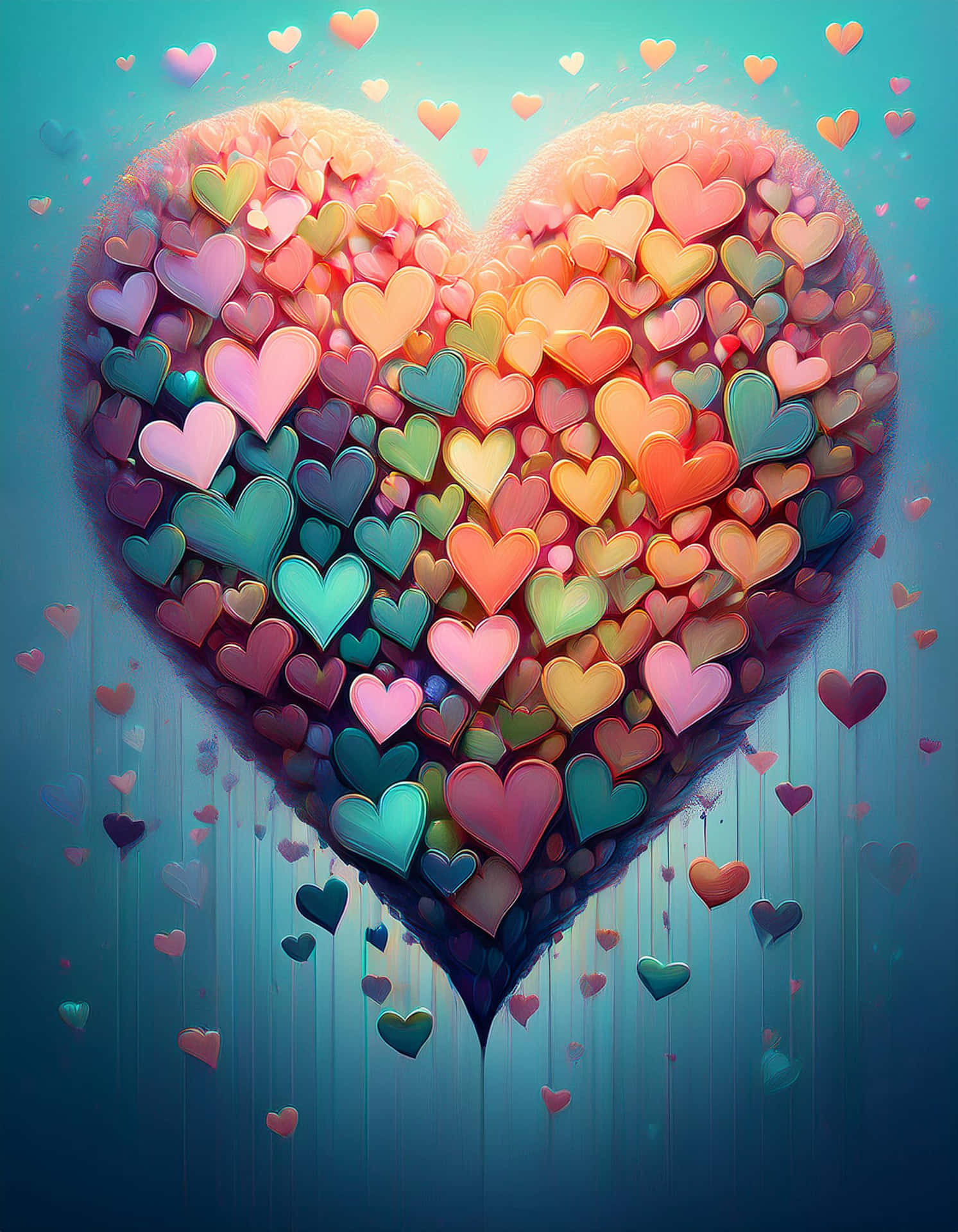 Dance of Colorful Hearts 壁紙 — 一個由多色漂浮心形組成的巨大心形，背景為漸層青綠色。