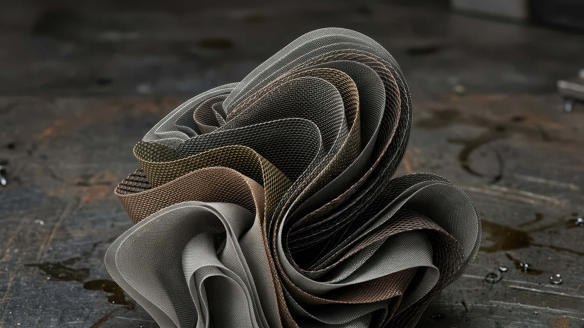Metal mesh bloom modded wallpaper for desktop Enhancement 壁紙 — 一個由大地色調紋理布料組成的雕塑般漩渦，放置在風化的工業地板上。