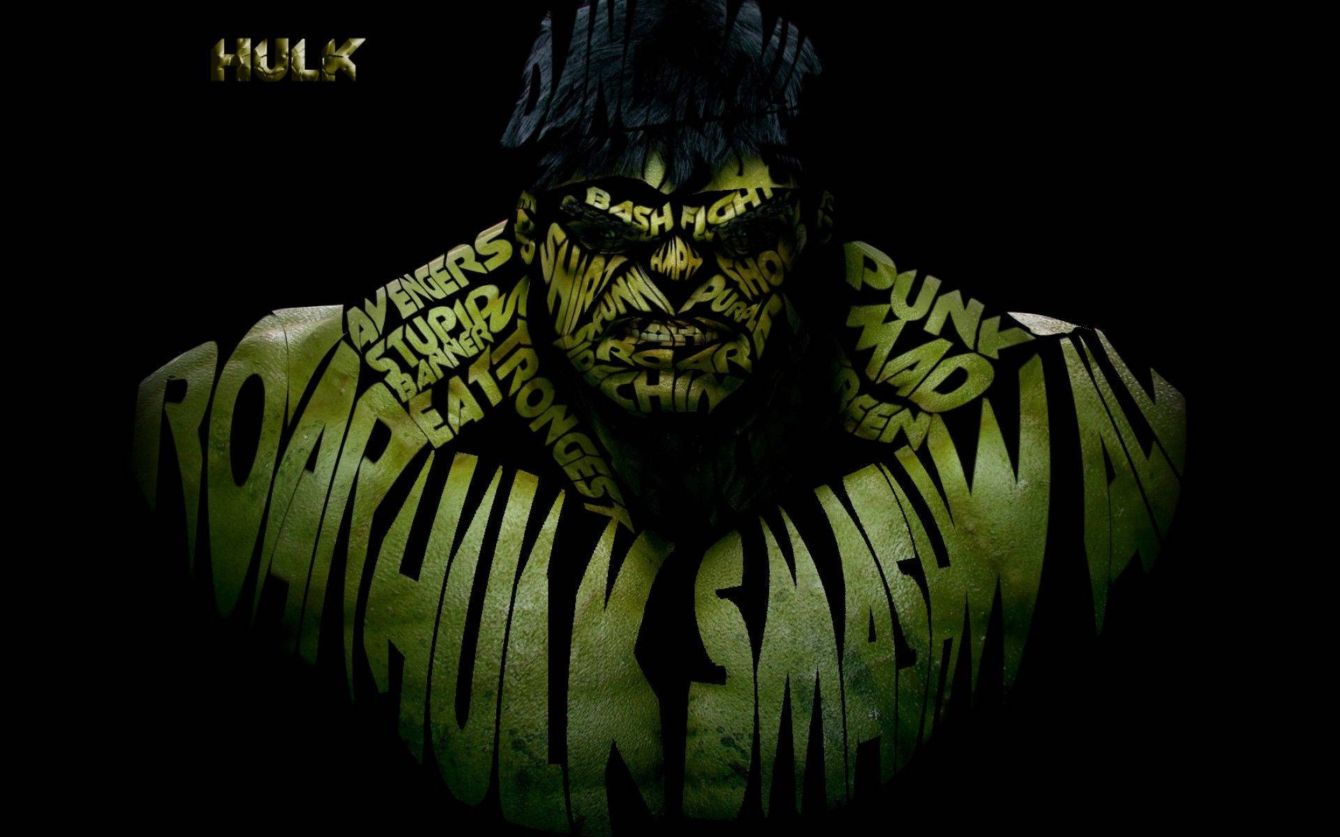 漫威 桌布 壁紙 — 一個由大膽塗鴉文字詞語（如「ROAR」和「HULK」）組成的綠色浩克半身像，背景為黑色。