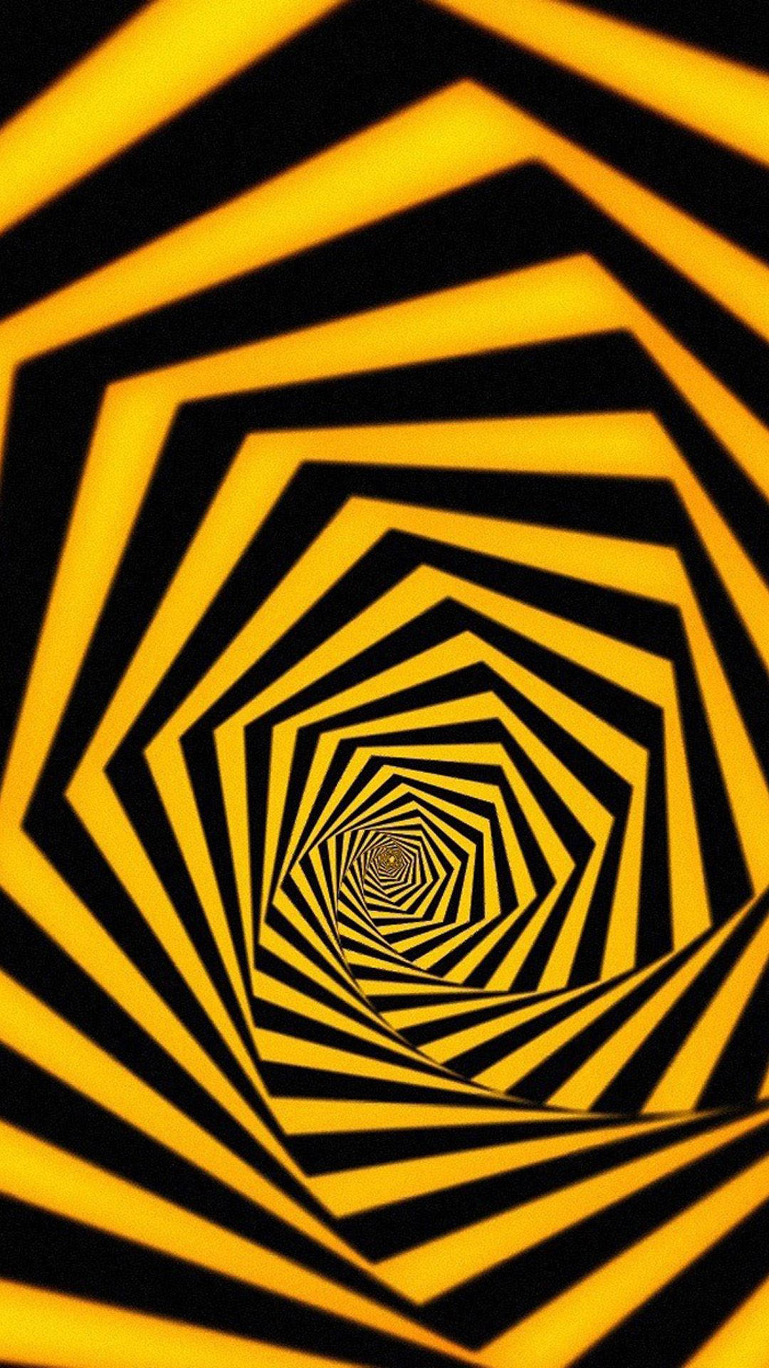 3D iPhone 壁紙 桌布 壁紙 — 一個由大膽的黃色和黑色六角形條紋組成的催眠螺旋，逐漸退向消失點。