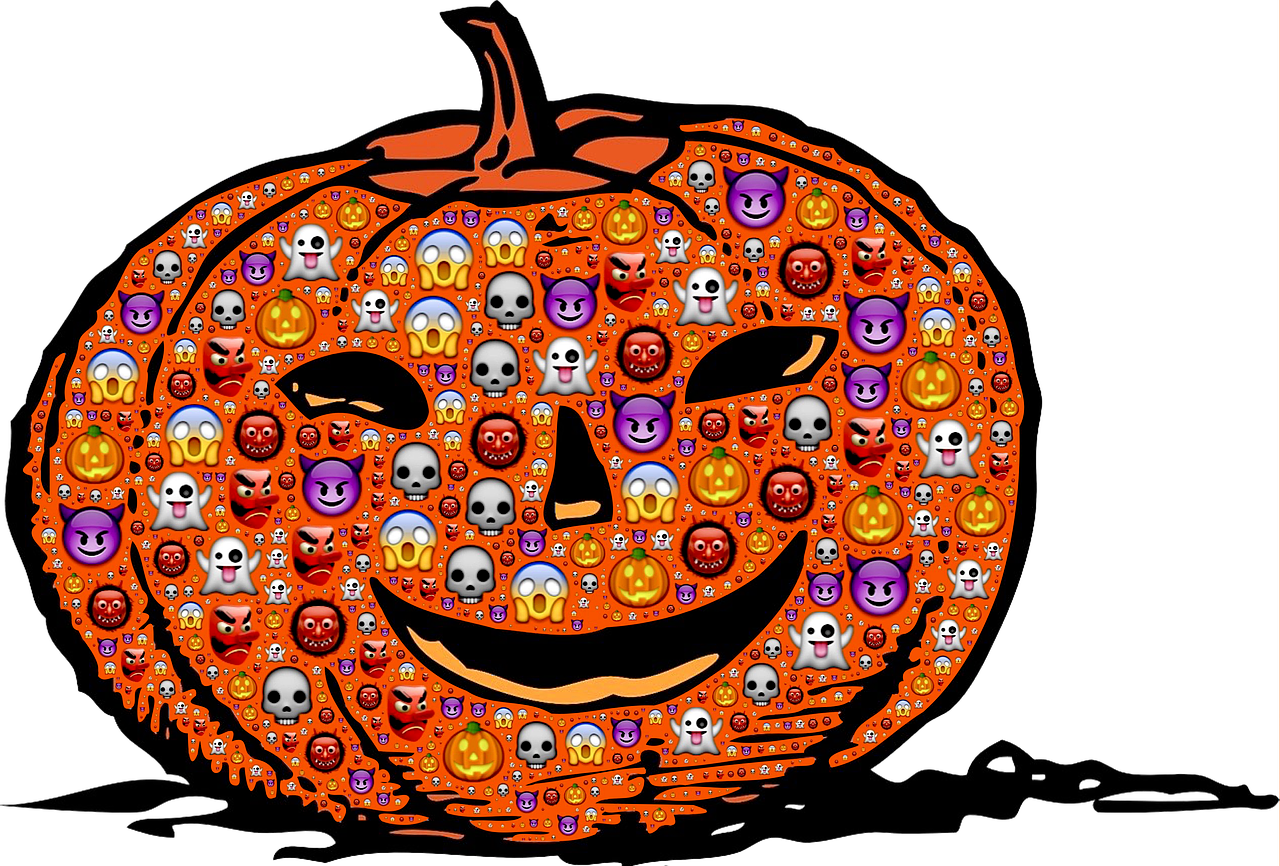 Halloween 桌布 壁紙 — 一個由大量萬聖節表情符號組成的鮮橙色南瓜燈面孔，背景為黑色。