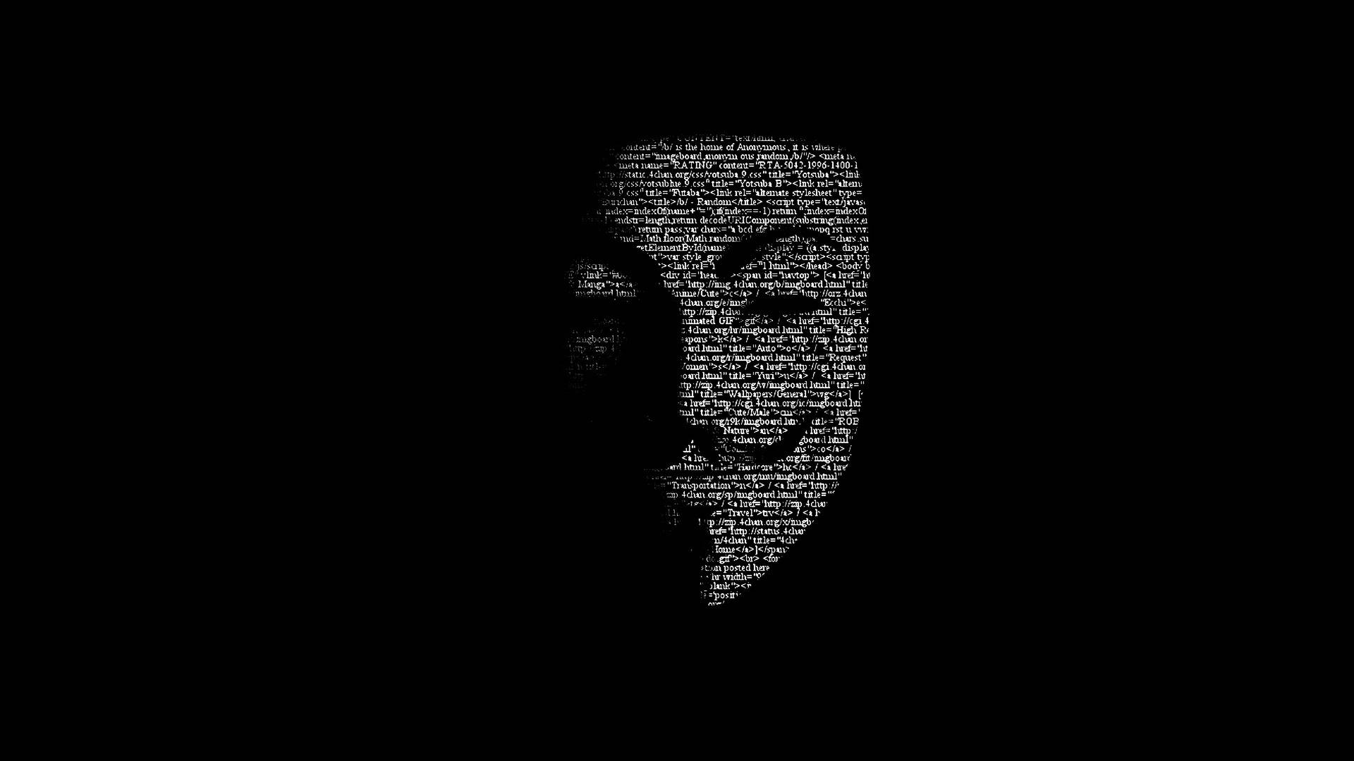 黑色背景上由文字組成的白色 Guy Fawkes 面具 — 4K 极简壁紙 壁紙