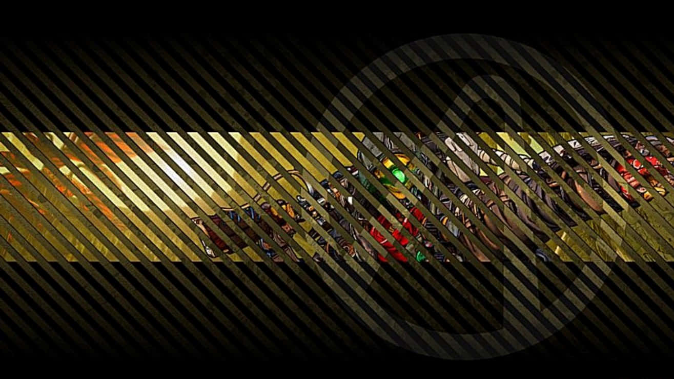1366x768 Borderlands 3 桌布 壁紙 — 一個由對角金色條紋組成的動態抽象圖案，覆蓋在深色背景上的碎片化彩色馬賽克上。