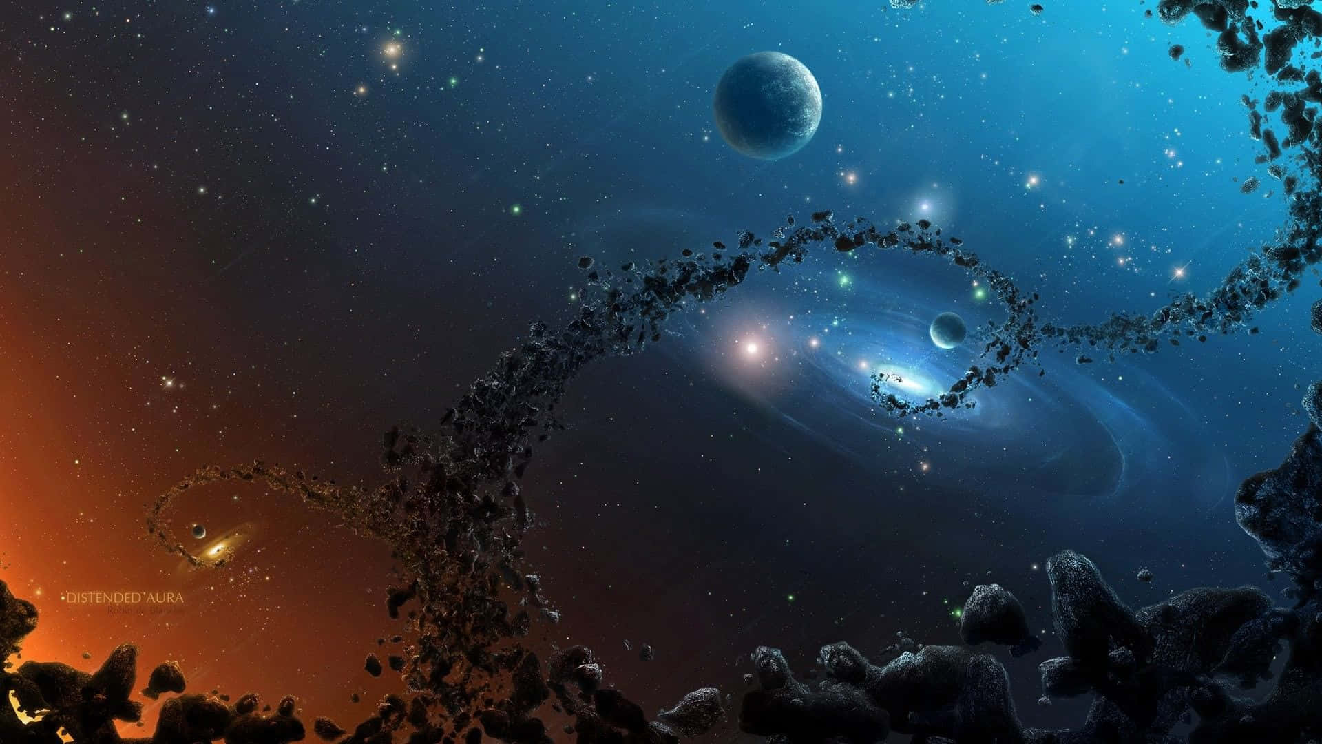 桌布 壁紙 — 一個由小行星組成的宇宙螺旋環繞著發光的星雲，背景是從火橙色過渡到深藍色的星場。