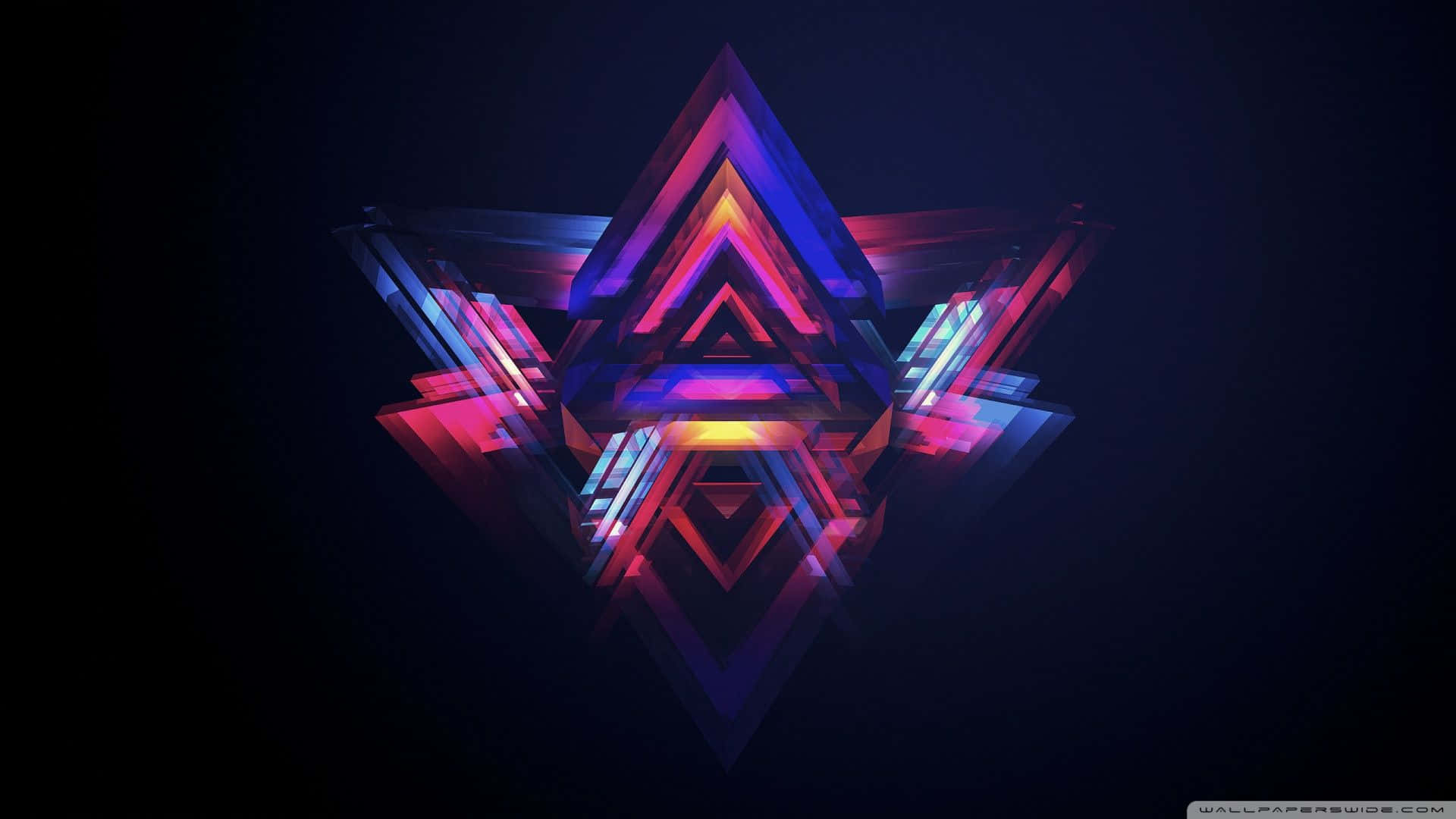 Cool Computer 桌布 壁紙 — 一個由層疊三角形組成的發光幾何星形，在黑暗背景下散發出霓虹粉紅、紫色和藍色光芒。