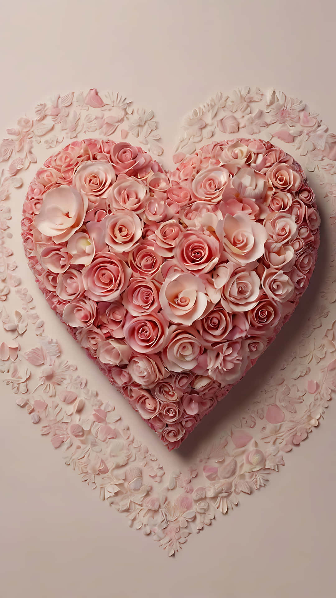 Floral Hearts for Lovebirds. smartphone wallpaper 壁紙 — 一個由層疊粉紅玫瑰製成的立體心形，帶有精緻的花卉蕾絲邊框，背景為柔和米色。